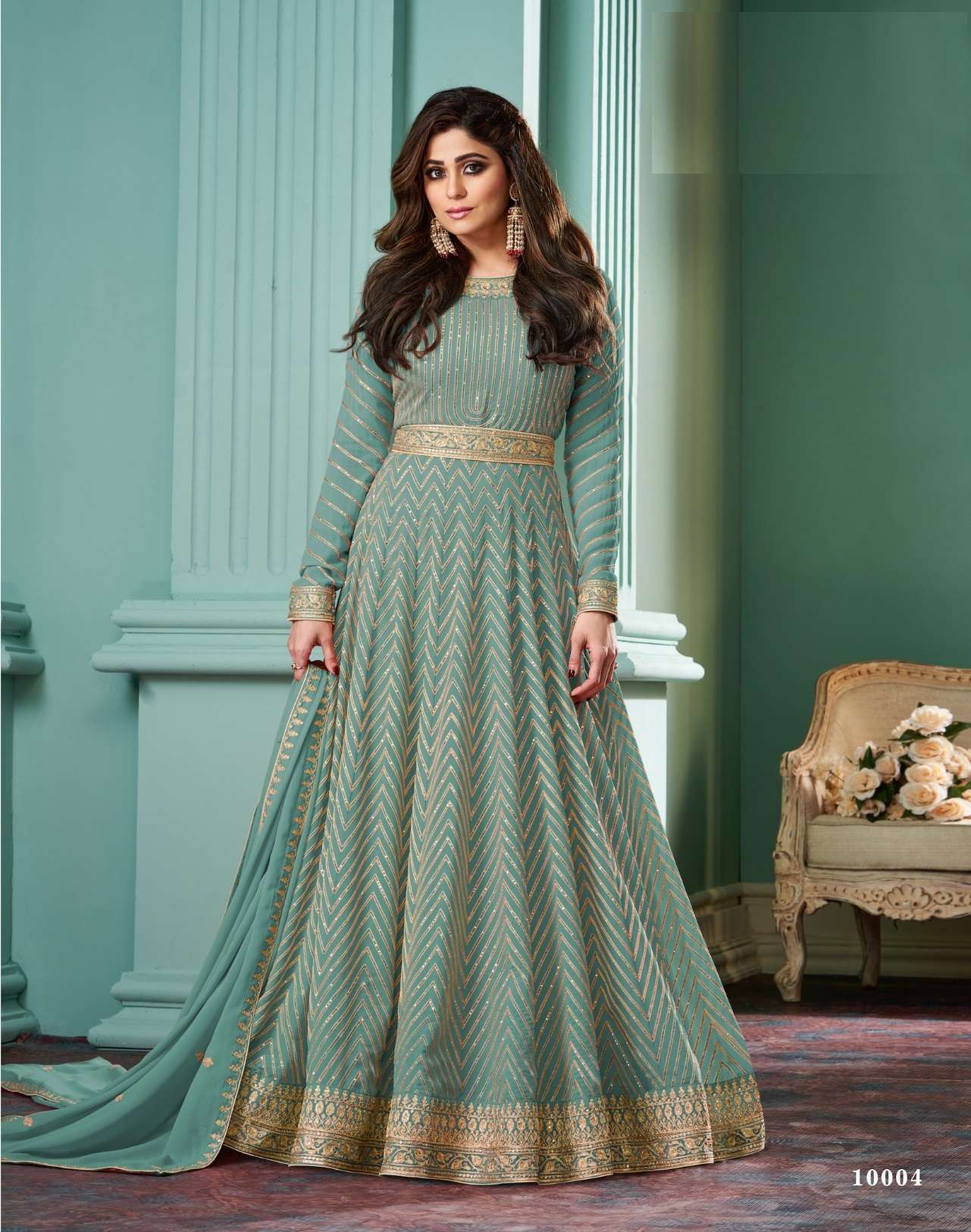 DESIGNER FANCY WEDDING PARTY WEAR FAUX GEORGETTE TEAL BLUE ANARKALI SALWAR SUIT GOWN AF ALIZZA 10004