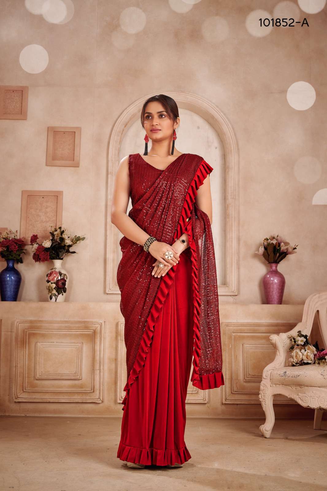 DESIGNER FANCY WEDDING PARTY WEAR INDIAN FANCY GEORGETTE RED SEQUENCE SAREE COLLECTION DST 101852