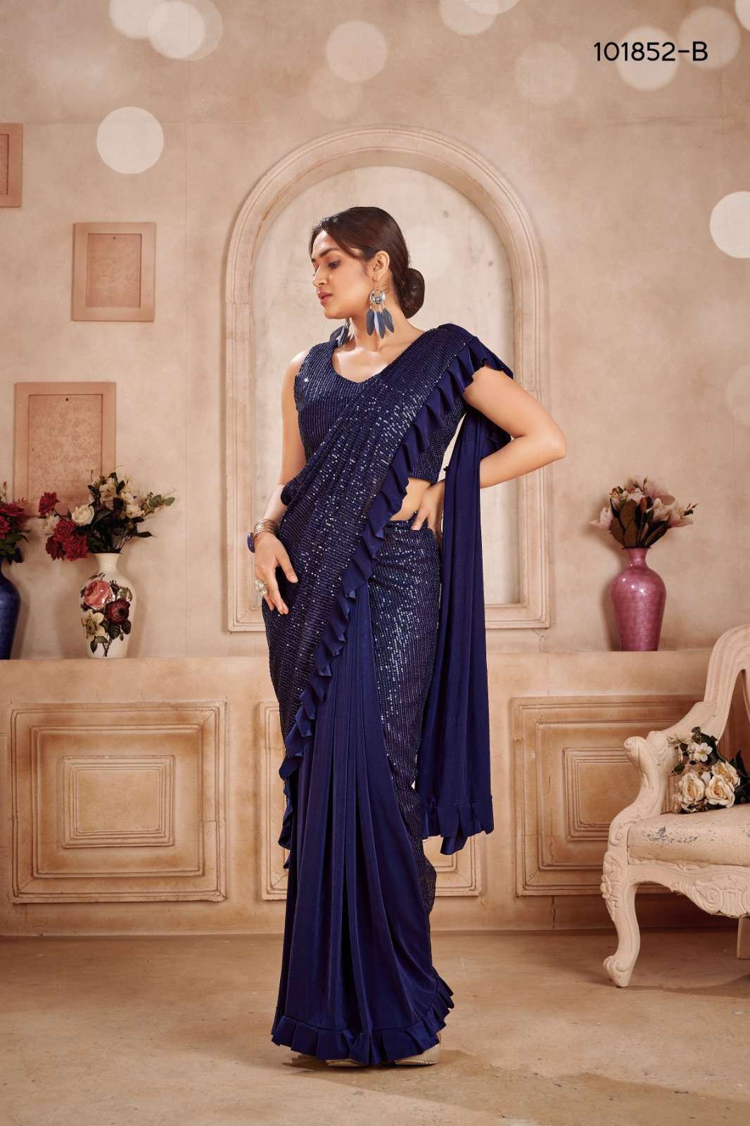 DESIGNER FANCY WEDDING PARTY WEAR INDIAN FANCY GEORGETTE BLUESEQUENCE SAREE COLLECTION DST 101852 B