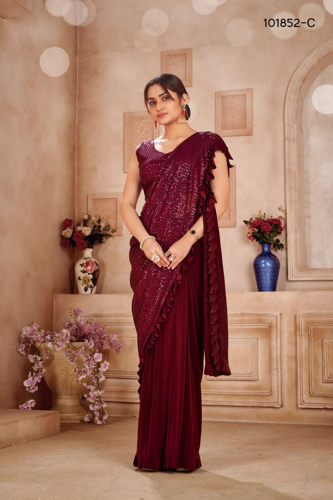 DESIGNER FANCY WEDDING PARTY WEAR INDIAN FANCY GEORGETTE MAROON SEQUENCE SAREE COLLECTION DST 101852 C