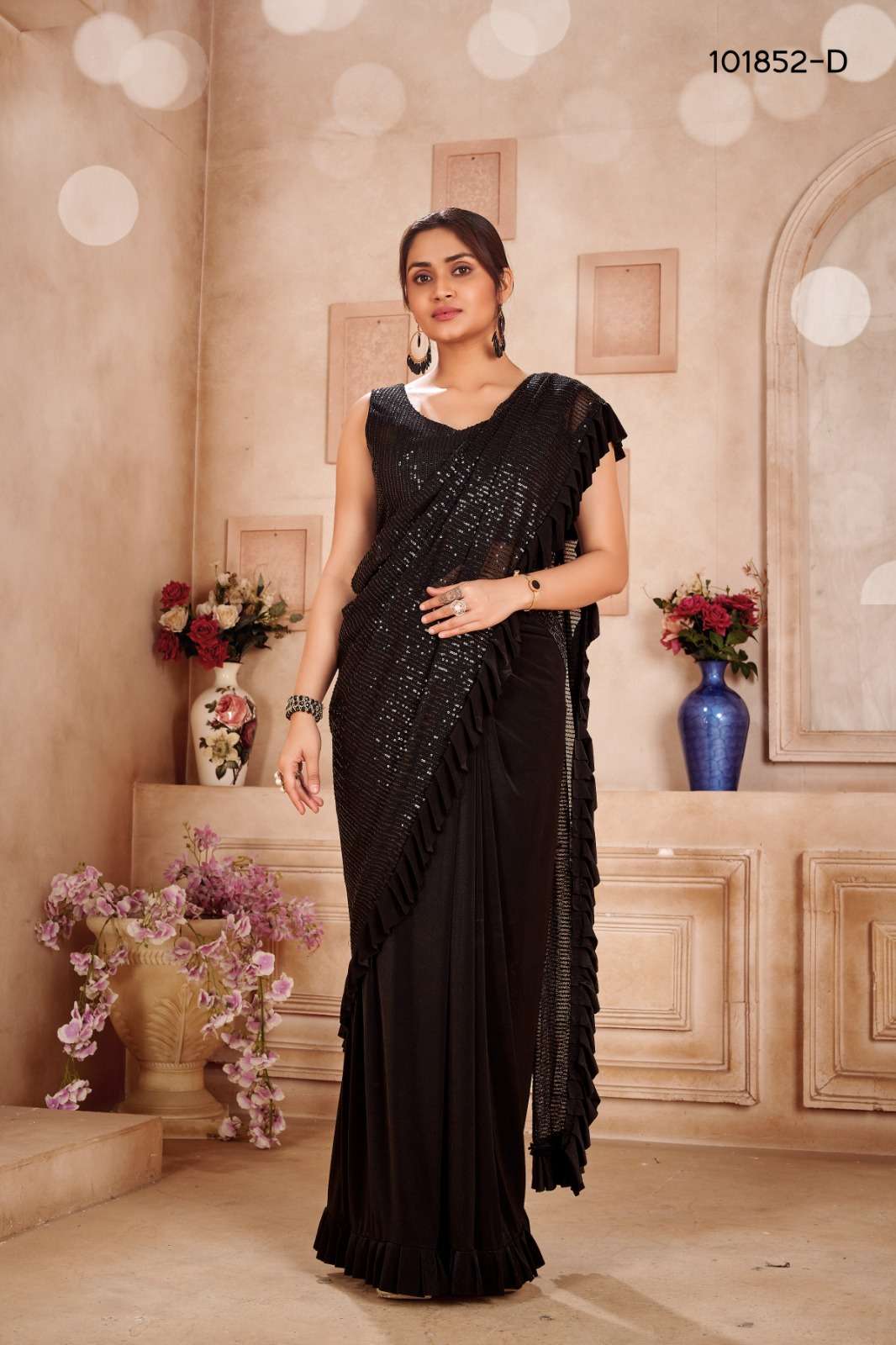 DESIGNER FANCY WEDDING PARTY WEAR INDIAN FANCY GEORGETTE BLACK SEQUENCE SAREE COLLECTION DST 101852 D