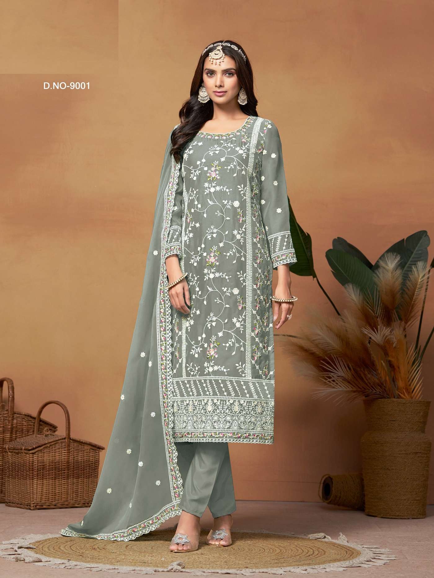 DESIGNER FANCY WEDDING PARTY WEAR INDIAN PAKISTANI GREY SOFT ORGANZA STRAIGHT SALWAR SUIT ANY 9001