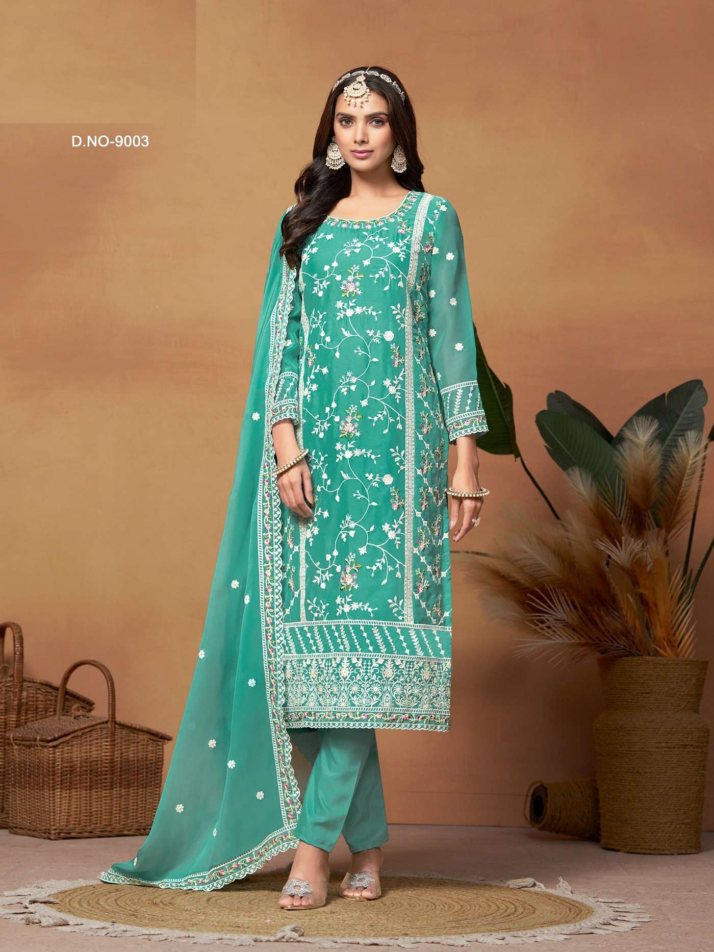 DESIGNER FANCY WEDDING PARTY WEAR INDIAN PAKISTANI BLUE SOFT ORGANZA STRAIGHT SALWAR SUIT ANY 9003