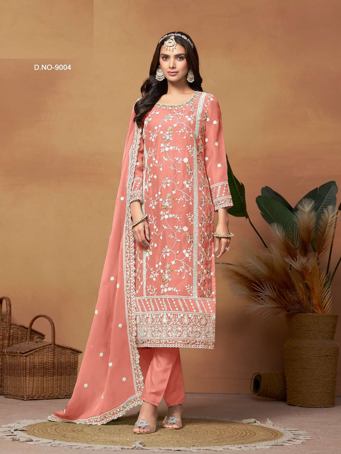 DESIGNER FANCY WEDDING PARTY WEAR INDIAN PAKISTANI ORANGE SOFT ORGANZA STRAIGHT SALWAR SUIT ANY 9004