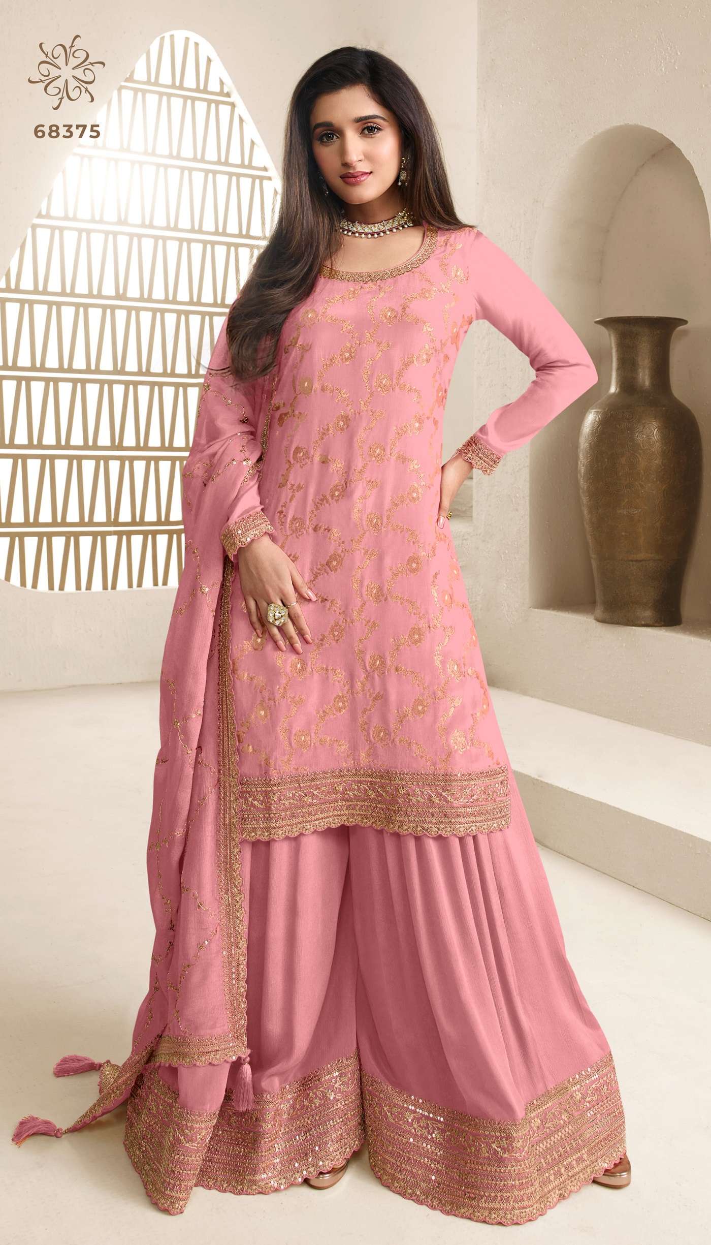 DESIGNER FANCY WEDDING PARTY WEAR INDIAN PEACH SHARARA PALAZZO SALWAR SUIT DST KULEESH KARVA 68375