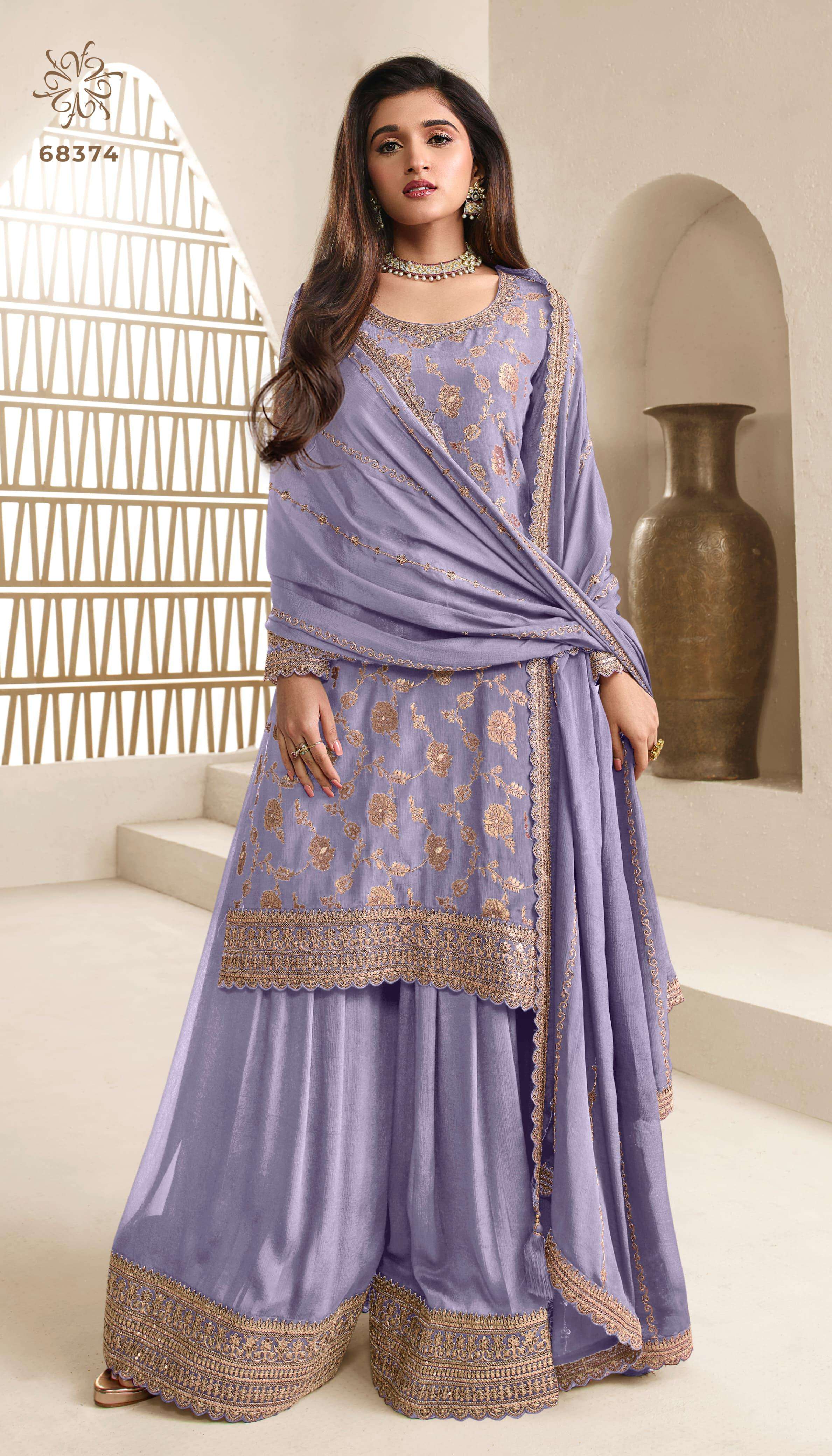 DESIGNER FANCY WEDDING PARTY WEAR INDIAN PURPLE SHARARA PALAZZO SALWAR SUIT DST KULEESH KARVA 68374