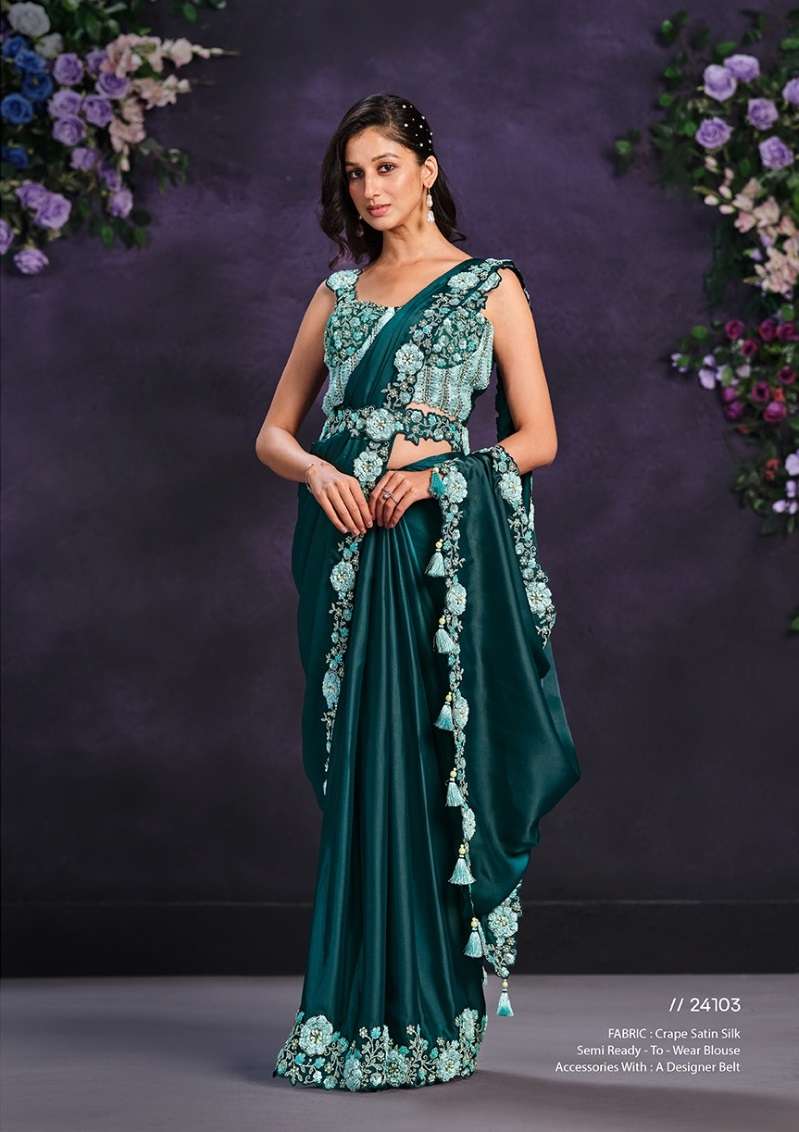 DESIGNER FANCY WEDDING PARTY WEAR INDIAN SATIN SILK TEAL BLUE SAREE COLLECTION SM MHTSV MOHMANTHAN 24103