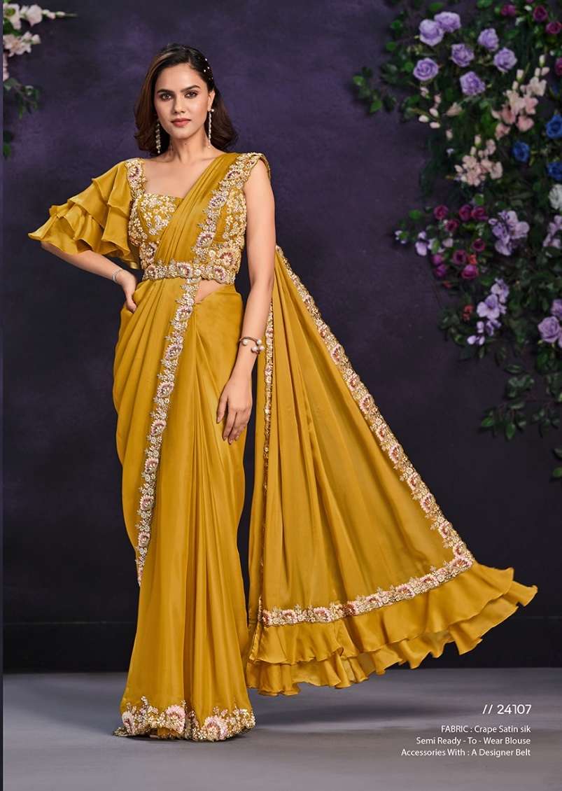 DESIGNER FANCY WEDDING PARTY WEAR INDIAN SATIN SILK YELLOW SAREE COLLECTION SM MHTSV MOHMANTHAN 24107