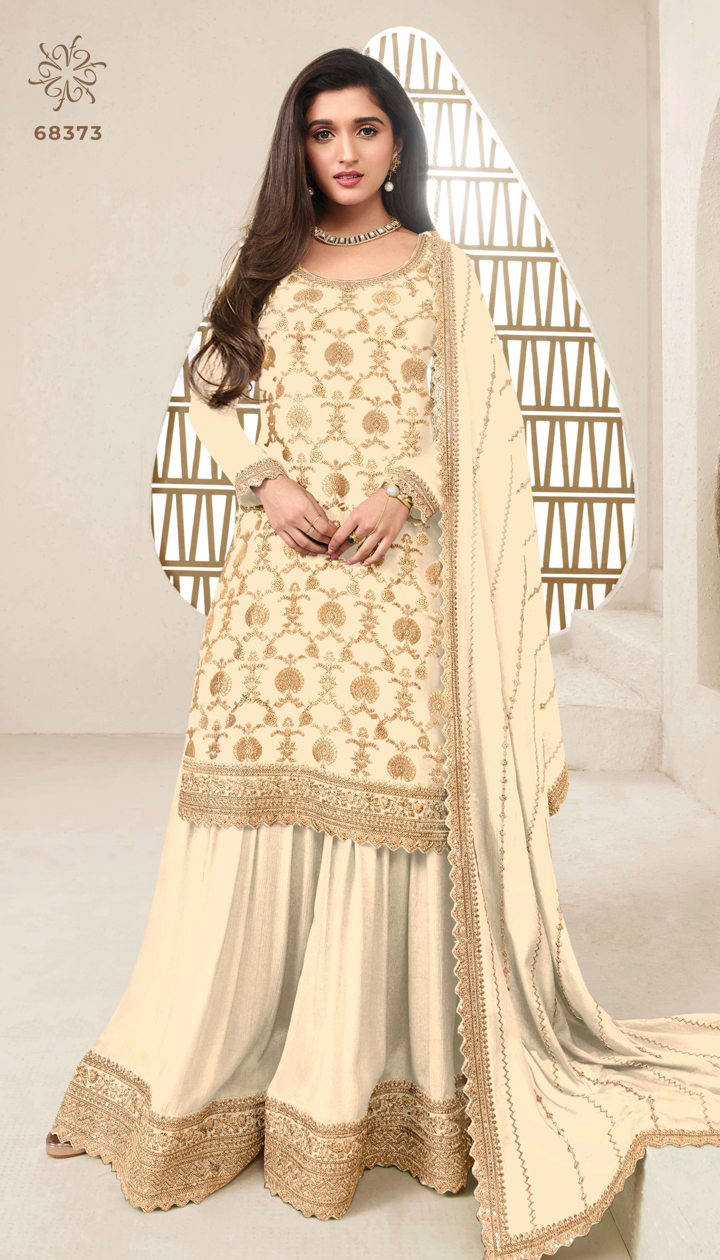 DESIGNER FANCY WEDDING PARTY WEAR INDIAN SHARARA OFF WHITE PALAZZO SALWAR SUIT DST KULEESH KARVA 68373