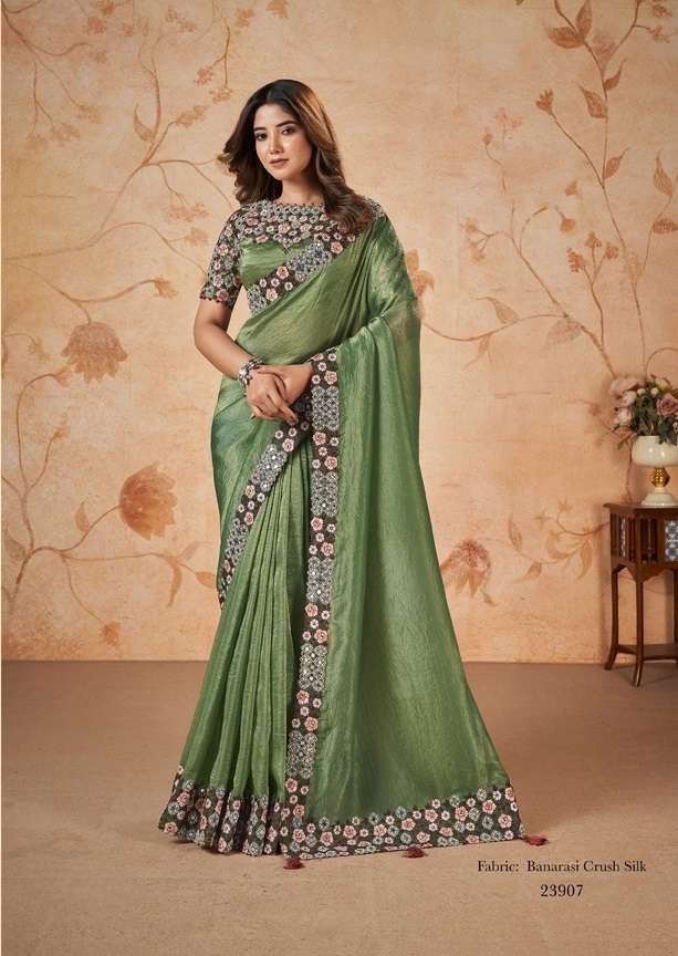 DESIGNER FANCY WEDDING PARTY WEAR INDIAN SILK GREEN SAREE COLLECTION SM MHTSV 23907