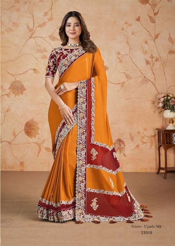 DESIGNER FANCY WEDDING PARTY WEAR INDIAN SILK YELLOW SAREE COLLECTION SM MHTSV 23918