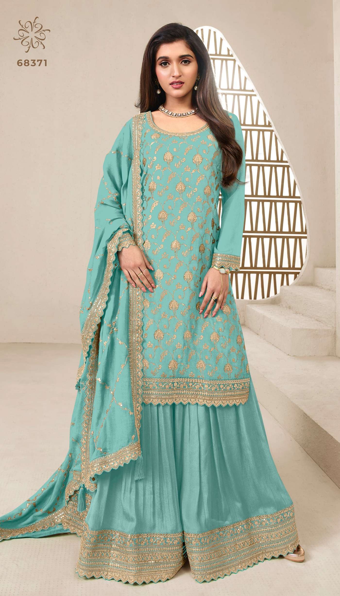 DESIGNER FANCY WEDDING PARTY WEAR INDIAN SKY BLUE SHARARA PALAZZO SALWAR SUIT DST KULEESH KARVA 68371