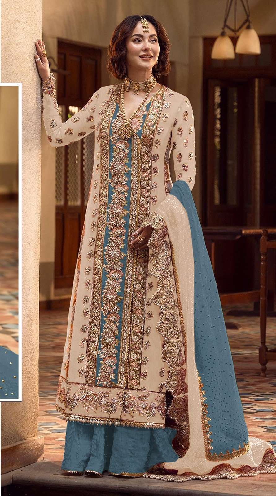 DESIGNER FANCY WEDDING PARTY WEAR ORGANZA INDIAN PAKISTANI BEIGE STRAIGHT SALWAR SUIT SRH 1080 B