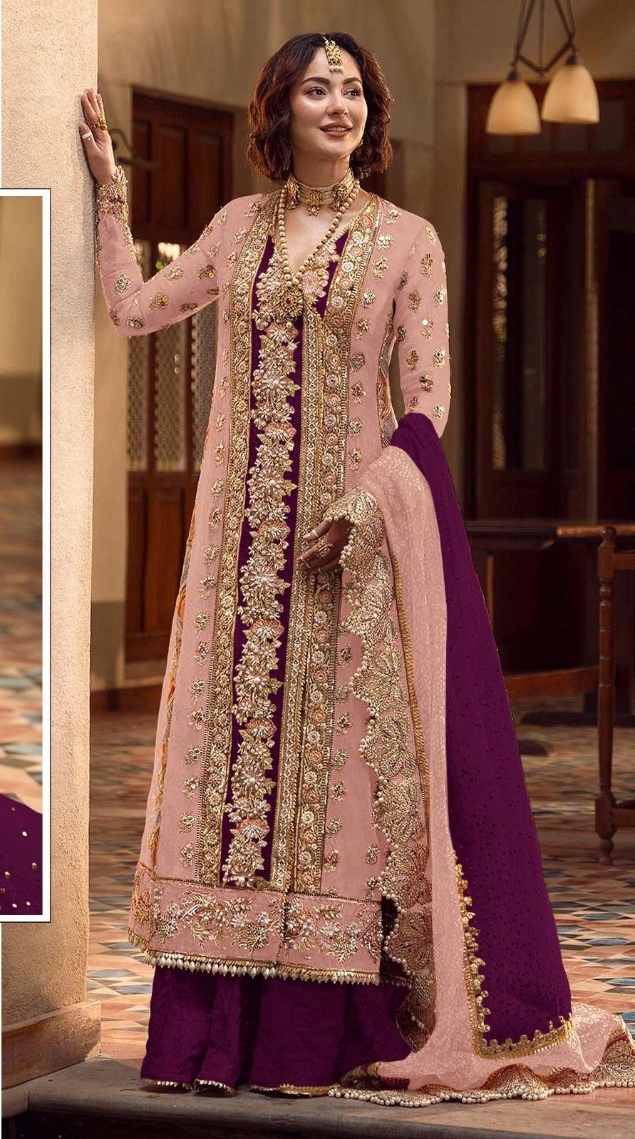 DESIGNER FANCY WEDDING PARTY WEAR ORGANZA INDIAN PAKISTANI PEACH STRAIGHT SALWAR SUIT SRH 1080 C