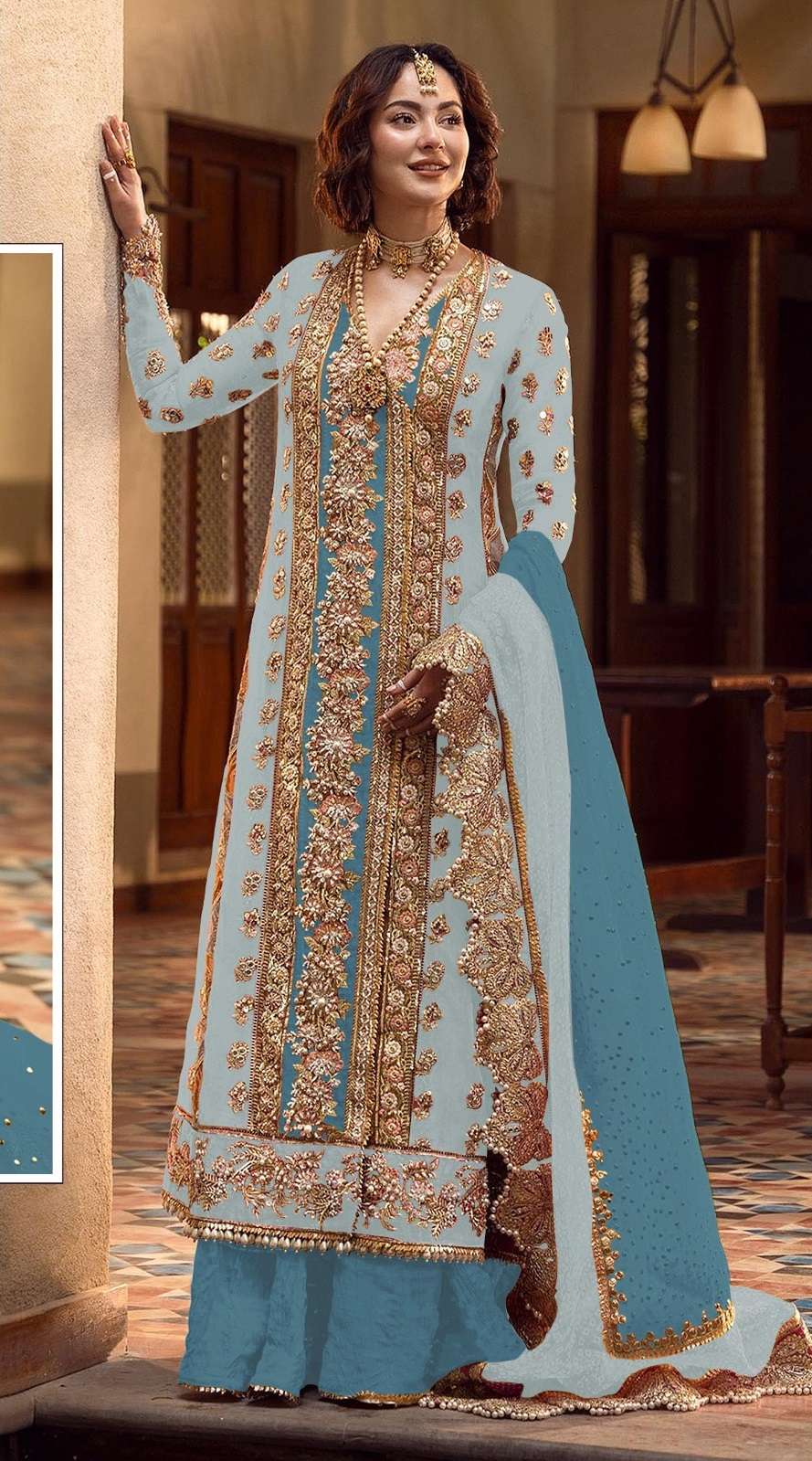 DESIGNER FANCY WEDDING PARTY WEAR ORGANZA INDIAN PAKISTANI SKY BLUE STRAIGHT SALWAR SUIT SRH 1080 D