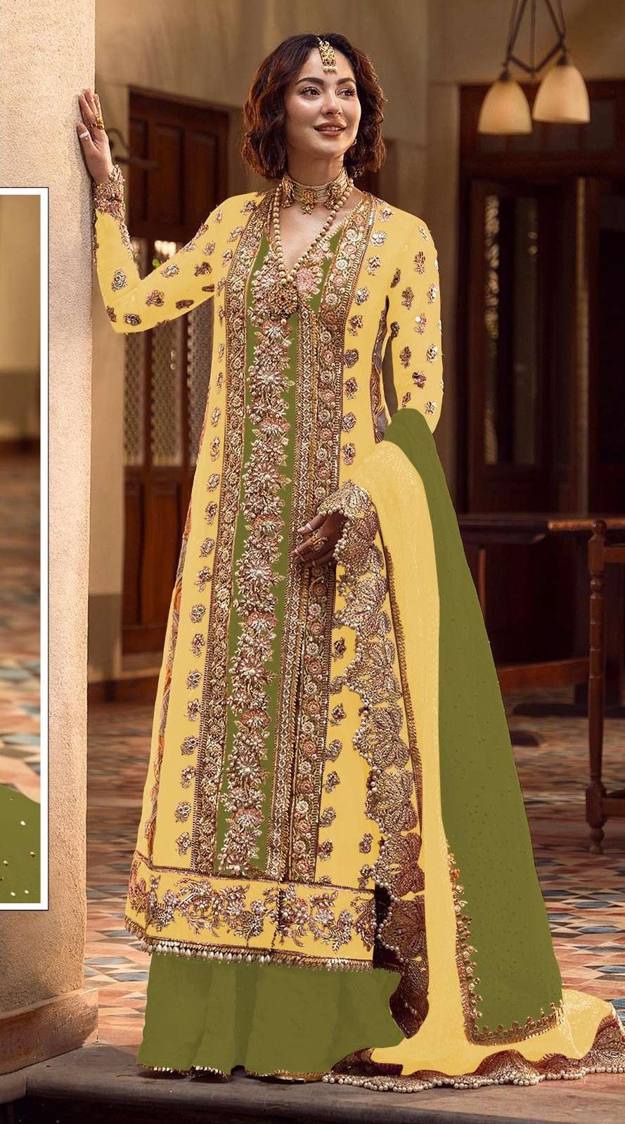 DESIGNER FANCY WEDDING PARTY WEAR ORGANZA INDIAN PAKISTANI YELLOW STRAIGHT SALWAR SUIT SRH 1080 F