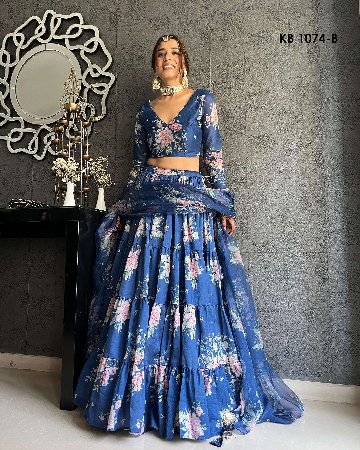 DESIGNER FANCY WEDDING PARTY WEAR ORGANZA SILK BLUE LEHENGA CHOLI WITH DUPATTA KB 1074 B