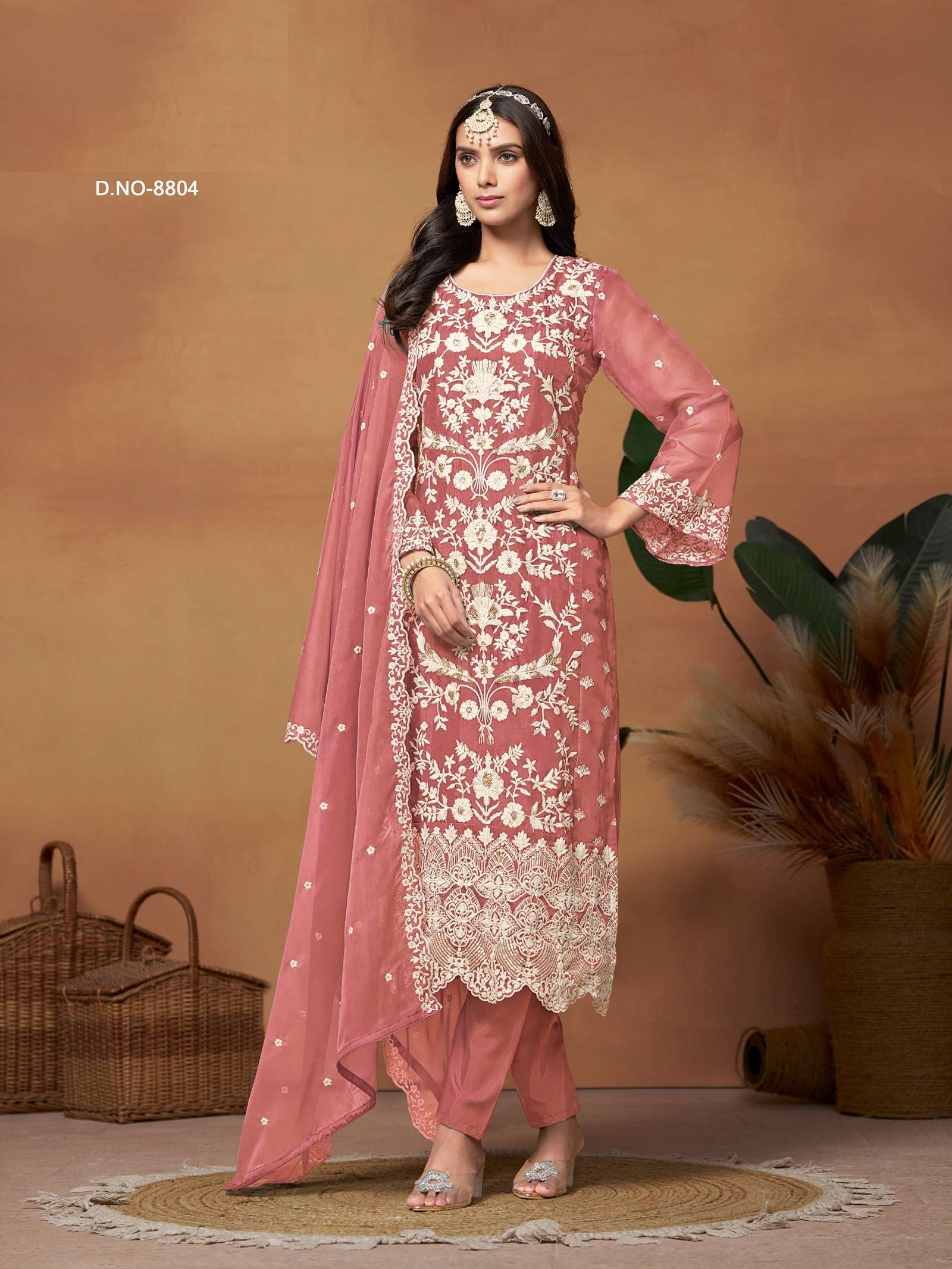 DESIGNER FANCY WEDDING PARTY WEAR PINK ORGANZA STRAIGHT SALWAR SUIT ANY 8804