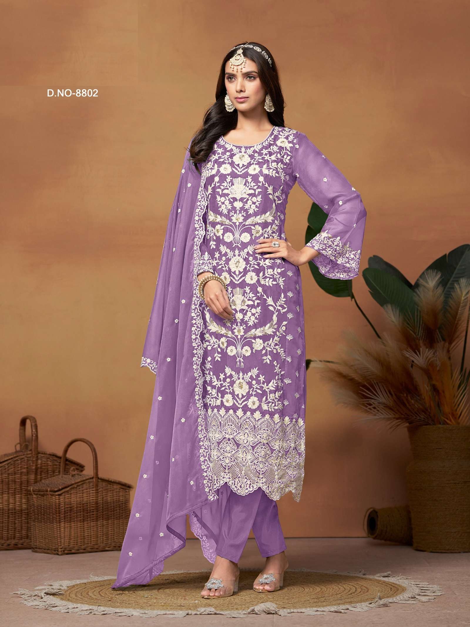 DESIGNER FANCY WEDDING PARTY WEAR PURPLE ORGANZA STRAIGHT SALWAR SUIT ANY 8802