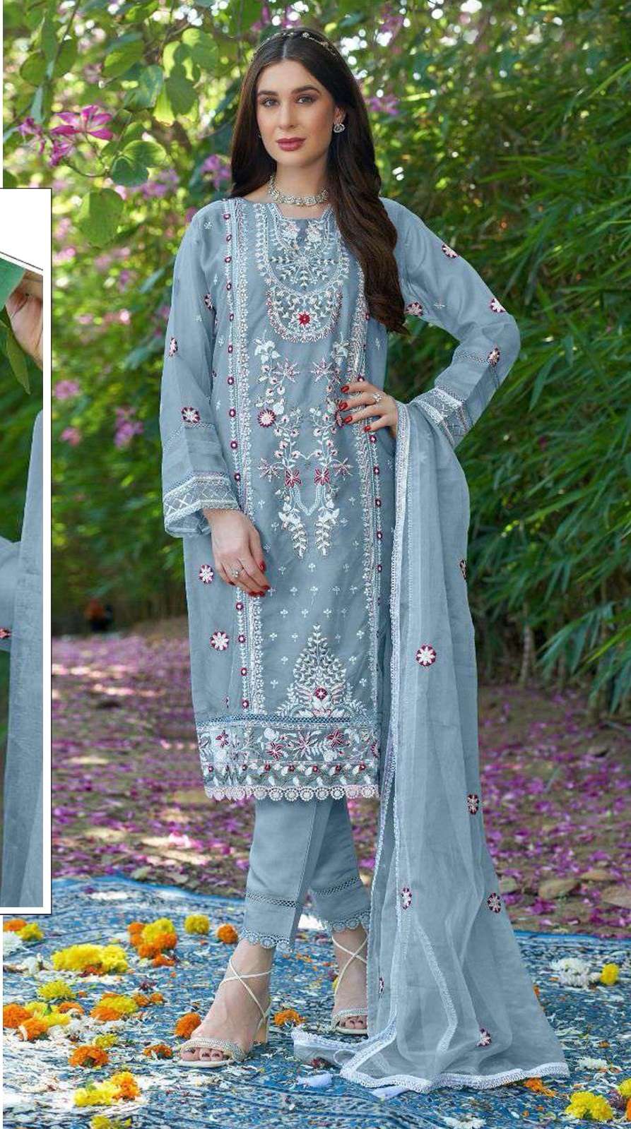 DESIGNER FANCY WEDDING PARTY WEAR SKY BLUE ORGANZA STRAIGHT SALWAR SUIT SRH 1084 A