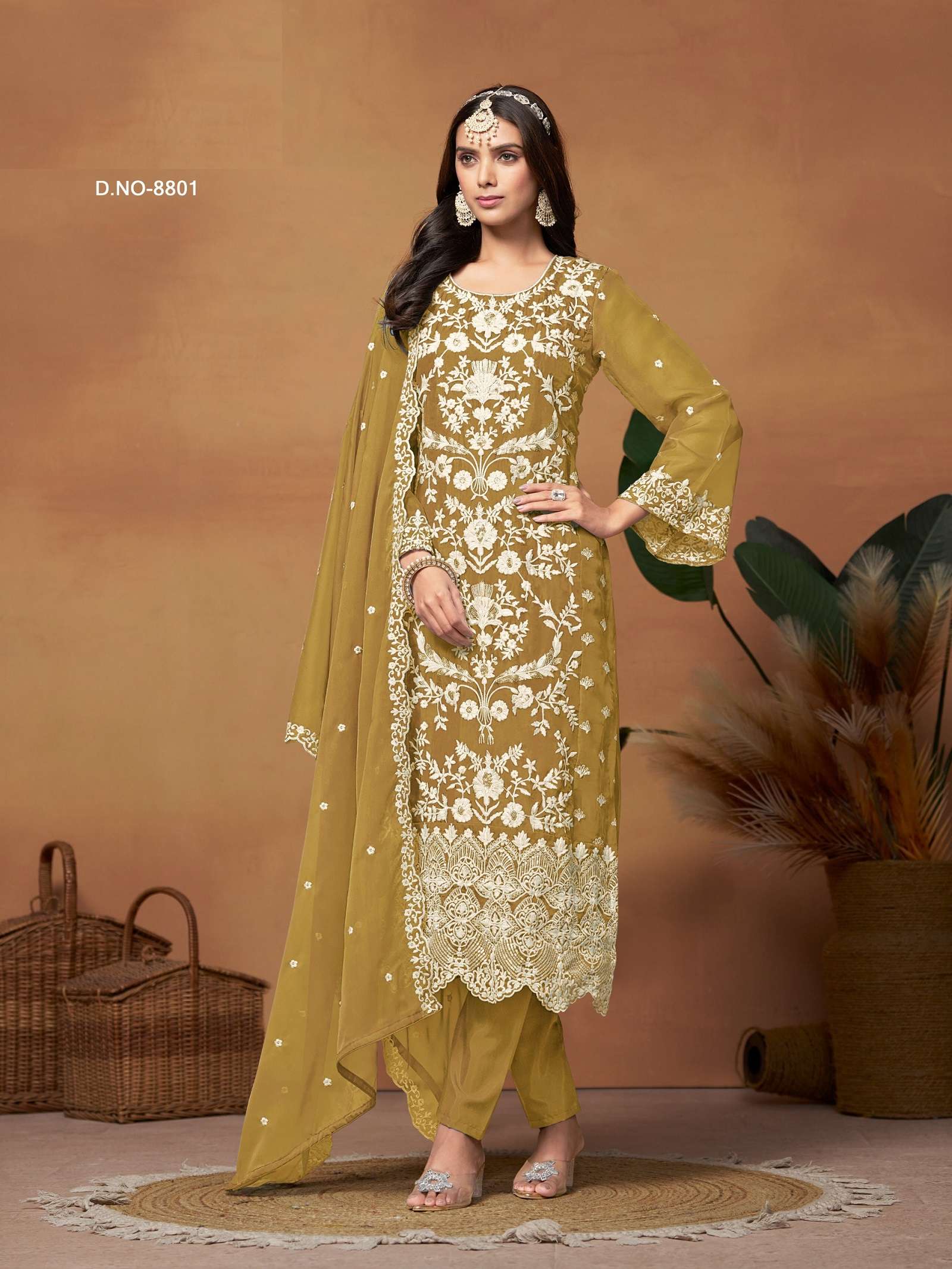 DESIGNER FANCY WEDDING PARTY WEAR YELLOW ORGANZA STRAIGHT SALWAR SUIT ANY 8801