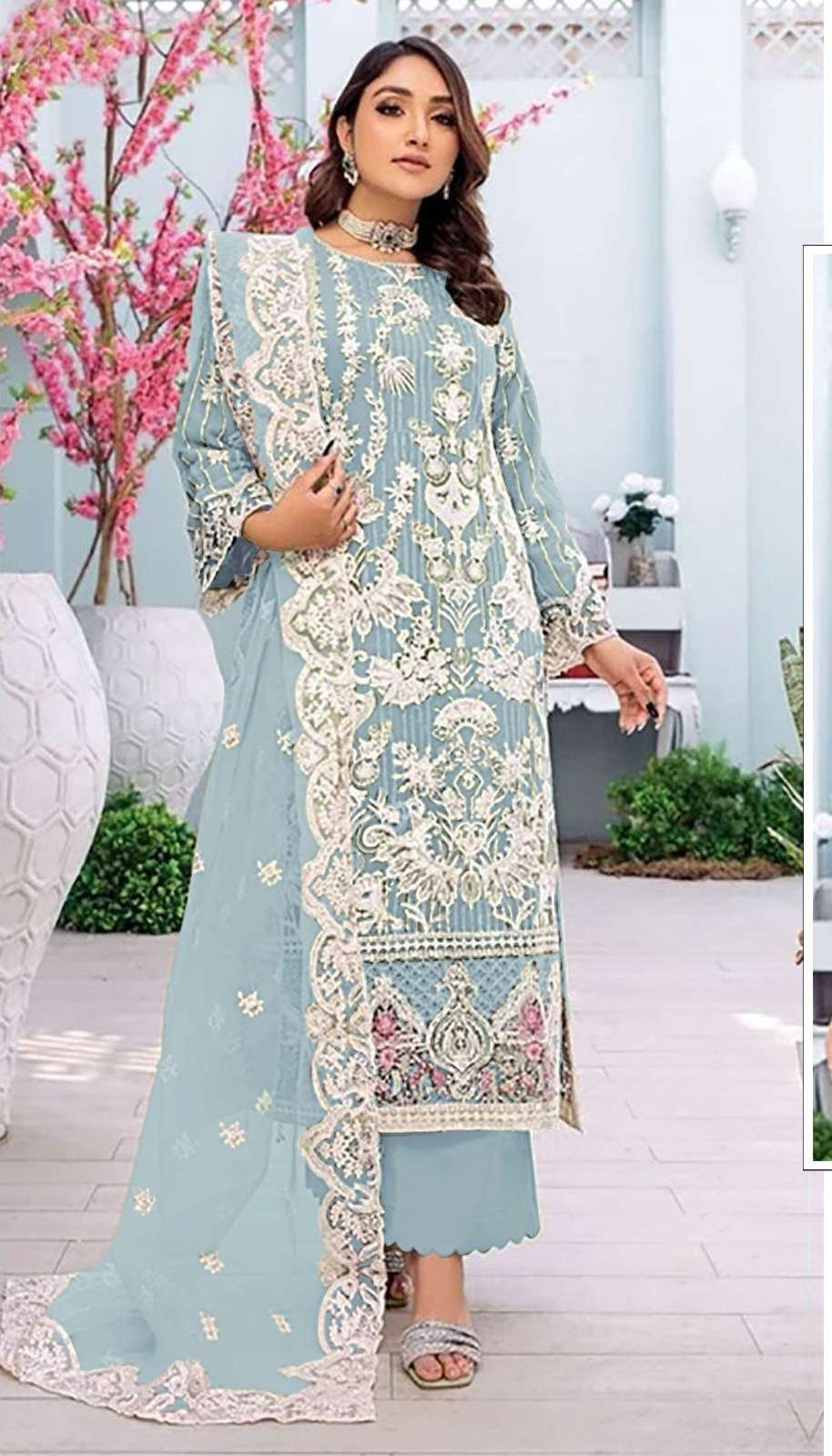 DESIGNER INDIAN PAKISTANI FANCY WEDDING PARTY WEAR SKY BLUE ORGANZA STRAIGHT SALWAR SUIT SRH 1089 D