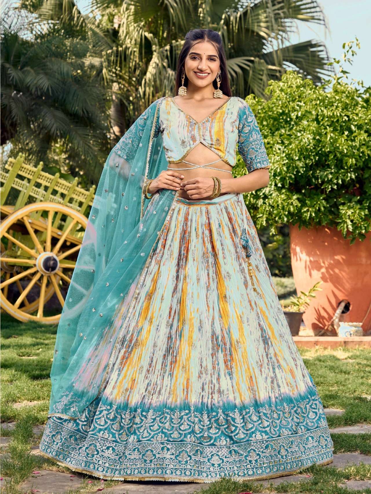 DESIGNER TRENDY STYLISH FANCY WEDDING PARTY WEAR CHINON SILK RAMA BLUE LEHENGA CHOLI DST DIF 5051