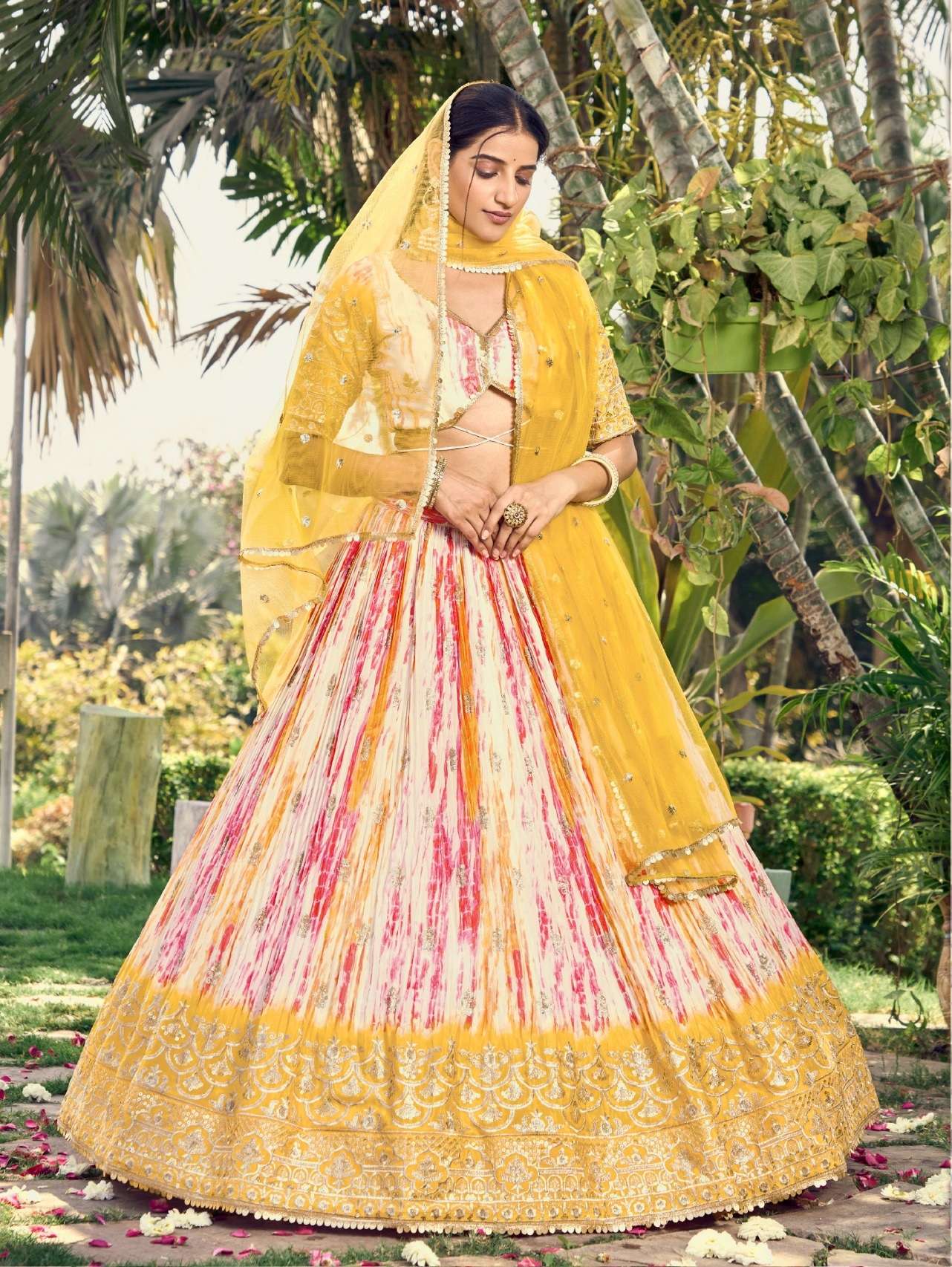 DESIGNER TRENDY STYLISH FANCY WEDDING PARTY WEAR CHINON SILK YELLOW LEHENGA CHOLI DST DIF 5051