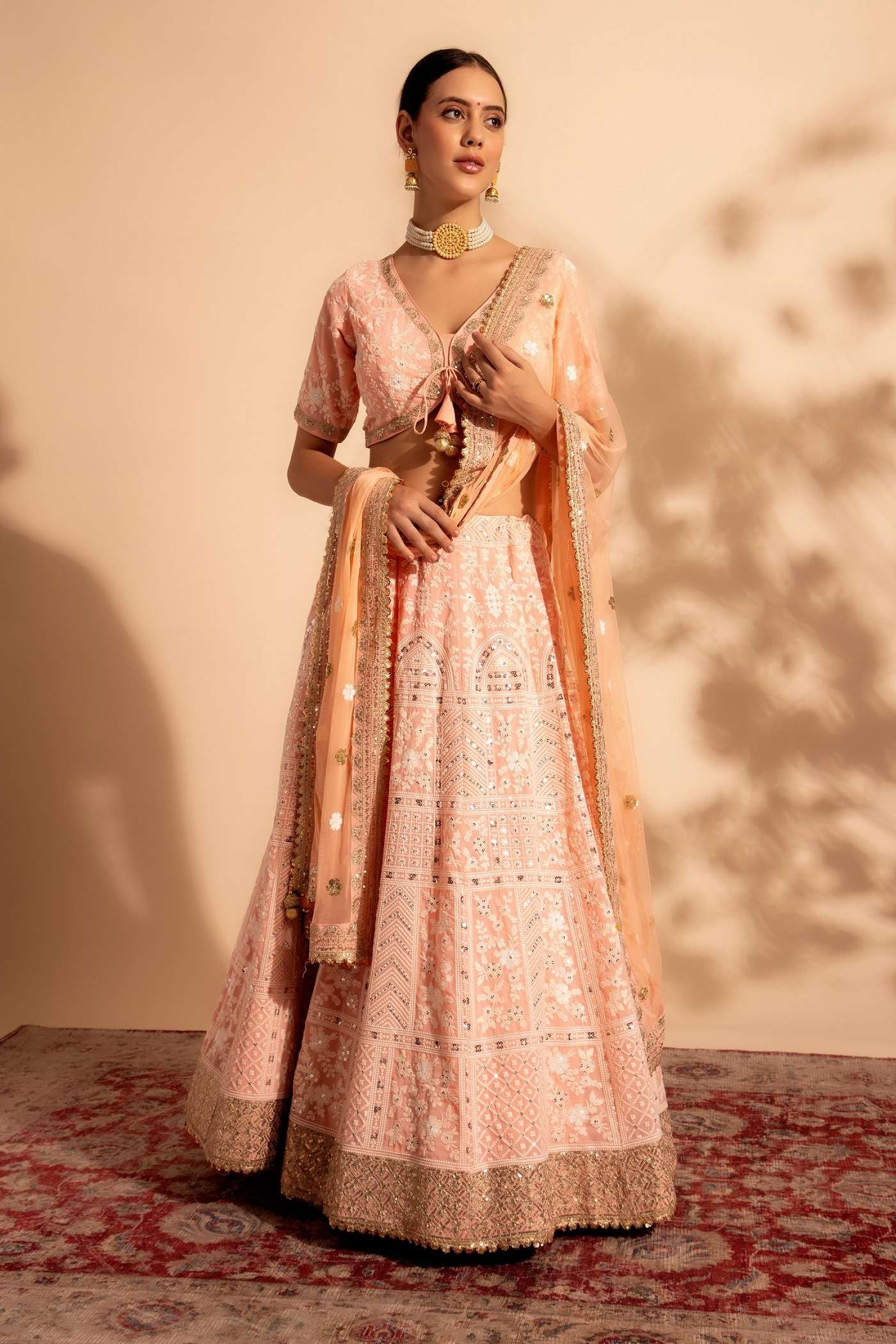 DESIGNER TRENDY STYLISH FANCY WEDDING PARTY WEAR GEORGETTE PEACH LEHENGA CHOLI ANTS BRIDESMAID 11001