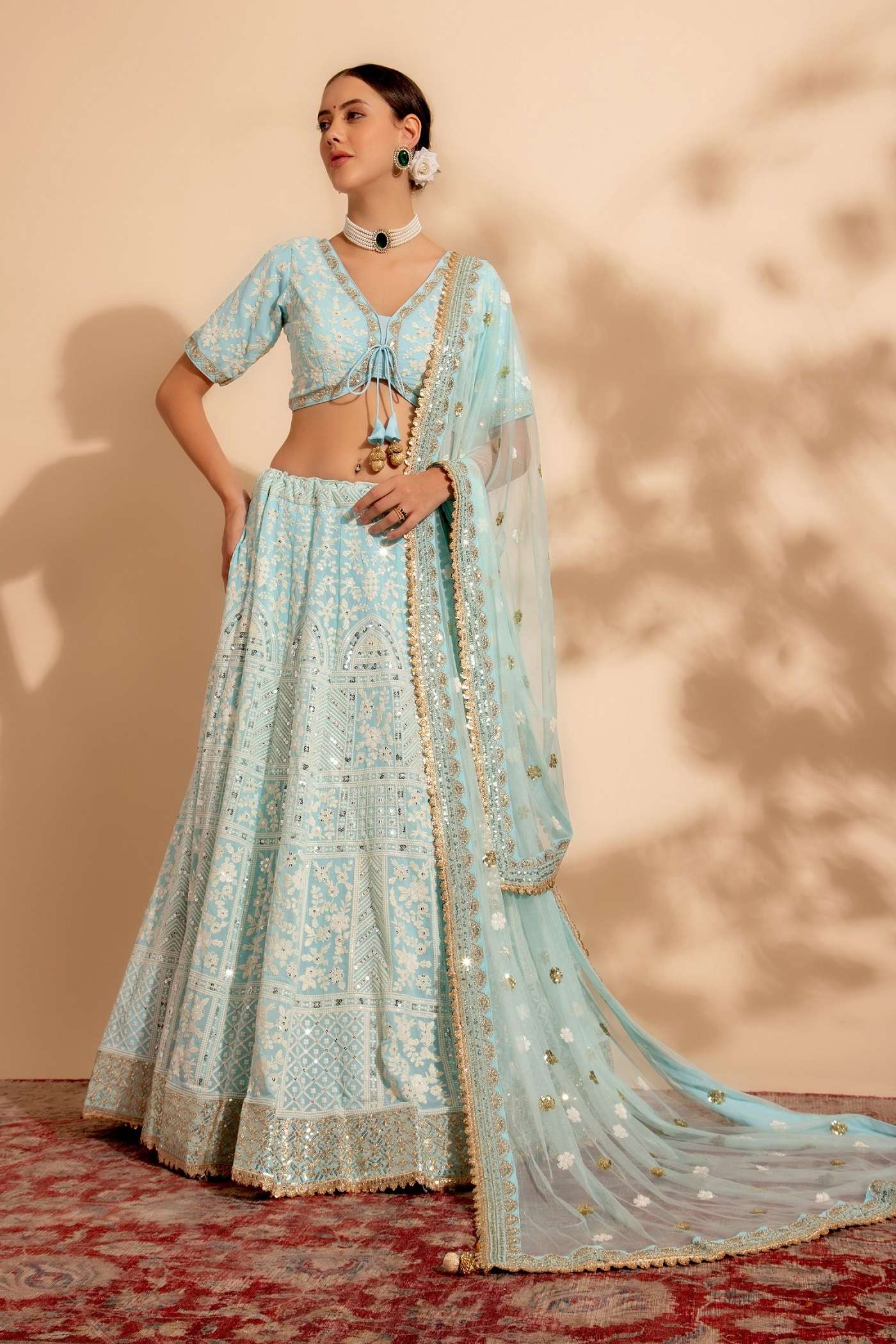 DESIGNER TRENDY STYLISH FANCY WEDDING PARTY WEAR GEORGETTE SKY BLUE LEHENGA CHOLI ANTS BRIDESMAID 11002