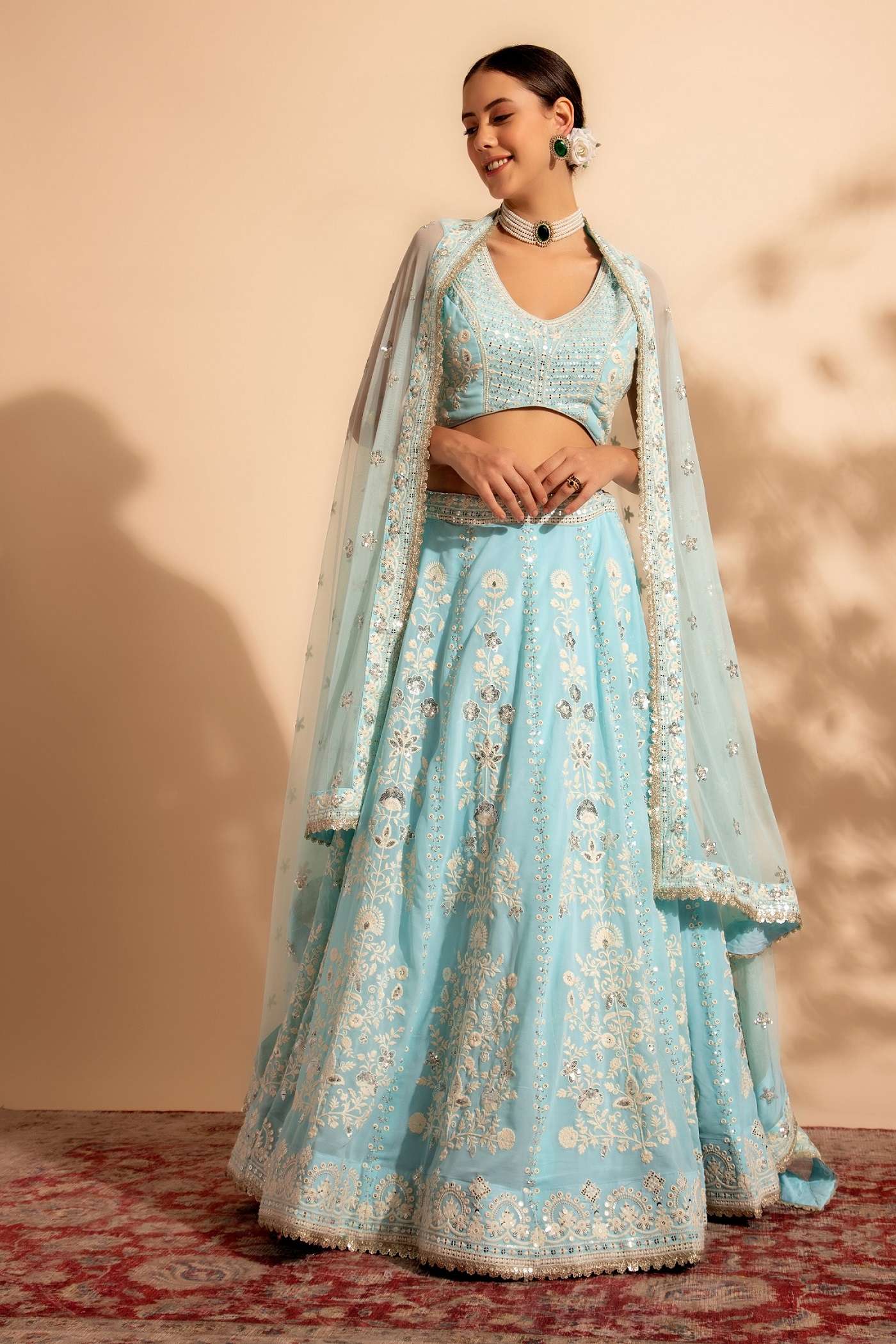 DESIGNER TRENDY STYLISH FANCY WEDDING PARTY WEAR GEORGETTE SKY BLUE LEHENGA CHOLI ANTS BRIDESMAID 11006