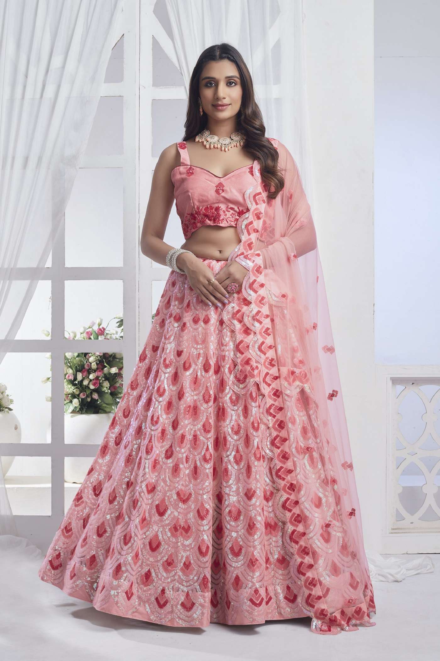 DESIGNER TRENDY STYLISH FANCY WEDDING PARTY WEAR INDIAN PEACH LEHENGA CHOLI ANANTESH 11019