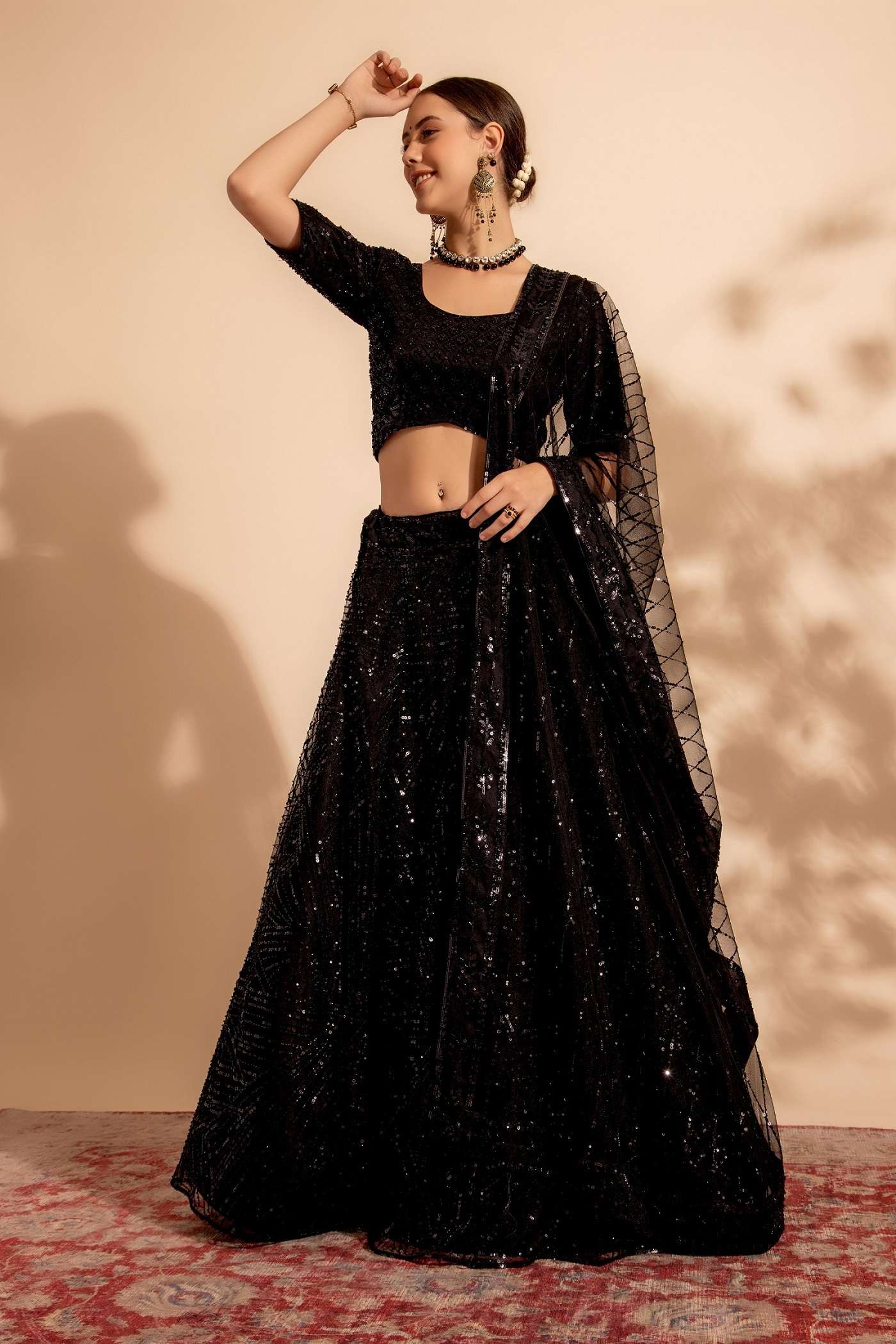 DESIGNER TRENDY STYLISH FANCY WEDDING PARTY WEAR NET BLACK LEHENGA CHOLI ANTS BRIDESMAID 11005