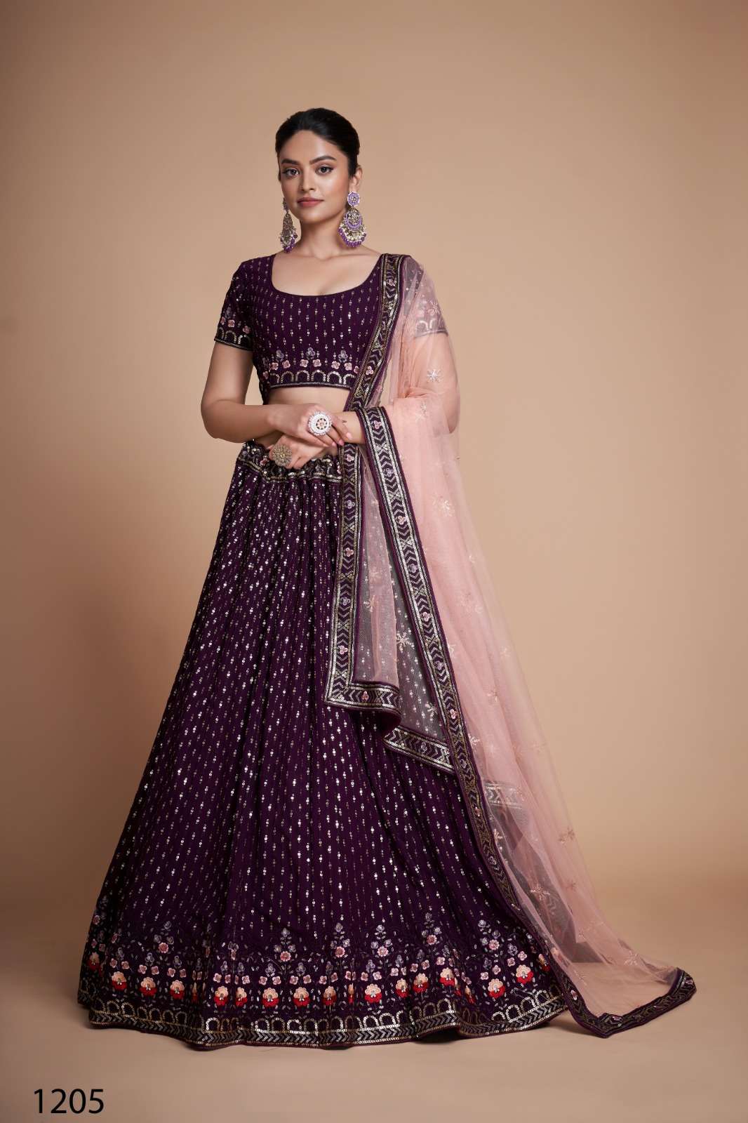 DESIGNER TRENDY STYLISH FANCY WEDDING PARTY WEAR WINE GEORGETTE LEHENGA CHOLI DST PC 1205