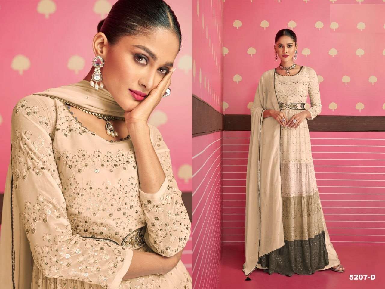 DESIGNER WEDDING PARTY WEAR GEORGETTE BEIGE ANARKALI SALWAR SUIT GOWN JG 5207 D