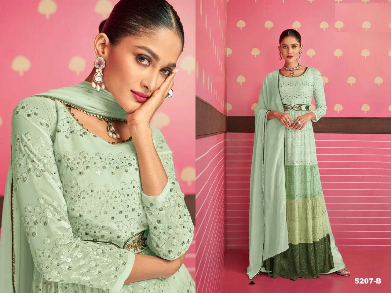 DESIGNER WEDDING PARTY WEAR GEORGETTE GREEN ANARKALI SALWAR SUIT GOWN JG 5207 B