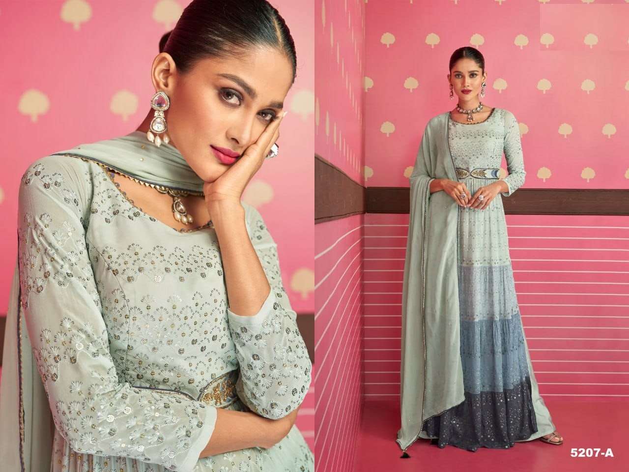 DESIGNER WEDDING PARTY WEAR GEORGETTE GREY ANARKALI SALWAR SUIT GOWN JG 5207 A