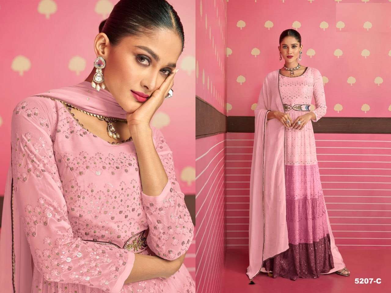 DESIGNER WEDDING PARTY WEAR GEORGETTE PINK ANARKALI SALWAR SUIT GOWN JG 5207 C