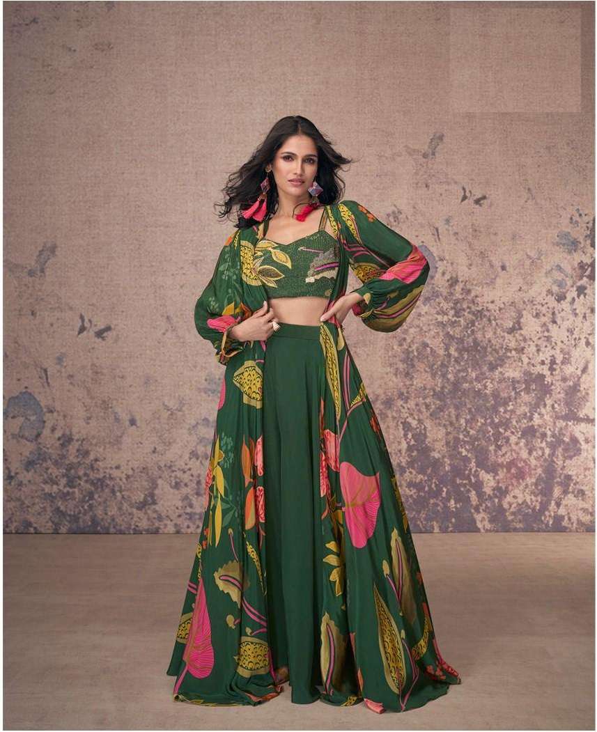 INDIAN BOLLYWOOD DESIGNER PARTY WEAR CREPE SILK GREEN KOTI BLOUSE PALAZZO SALWAR SUIT THREAD SEQUENCE WORK SY MASAKALI 5480