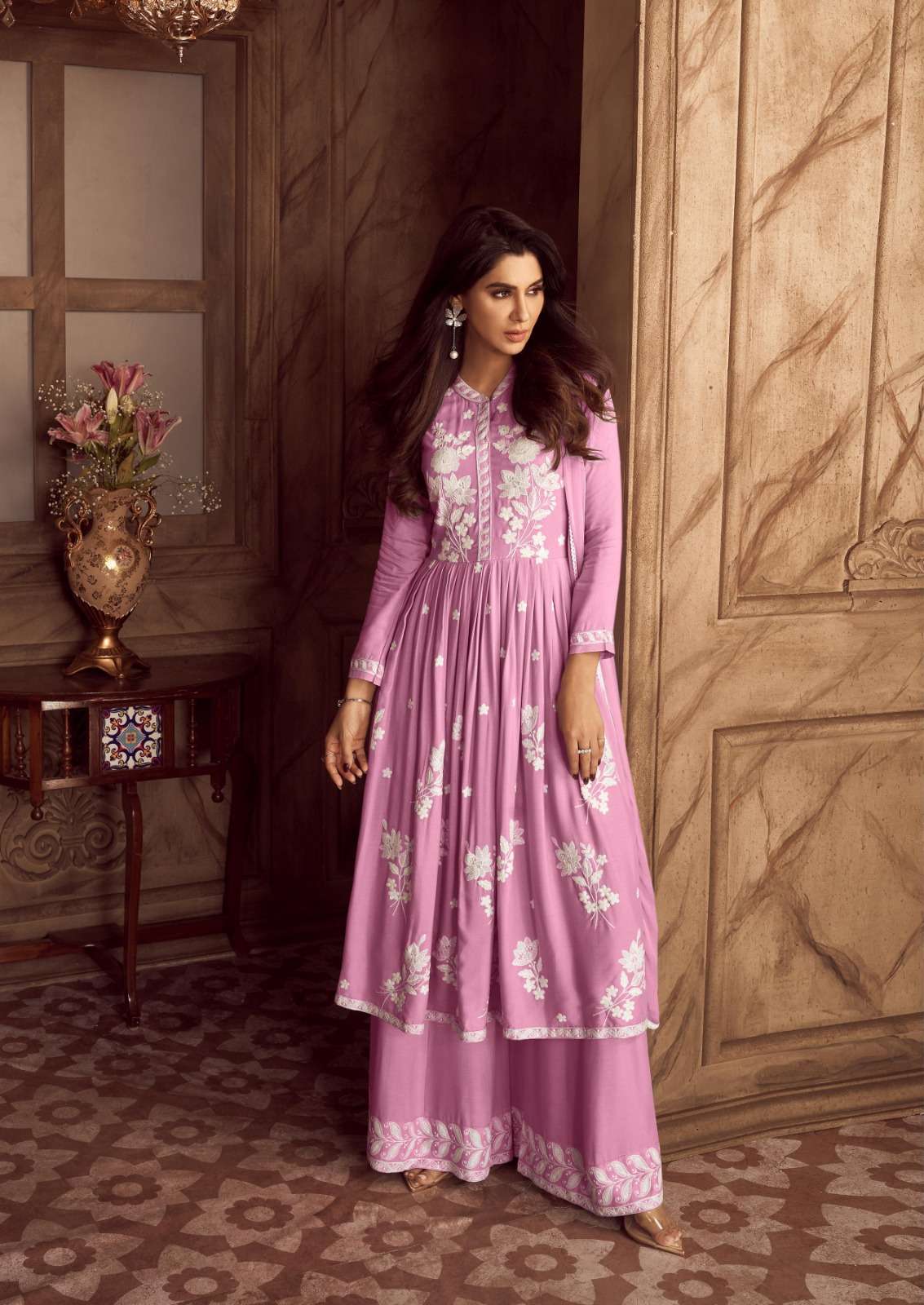 INDIAN DESIGNER FANCY PARTY WEAR REYON READY TO WEAR PINK SHARARA PALLAZO SALWAR SUIT DST VAMIKA 1024 M