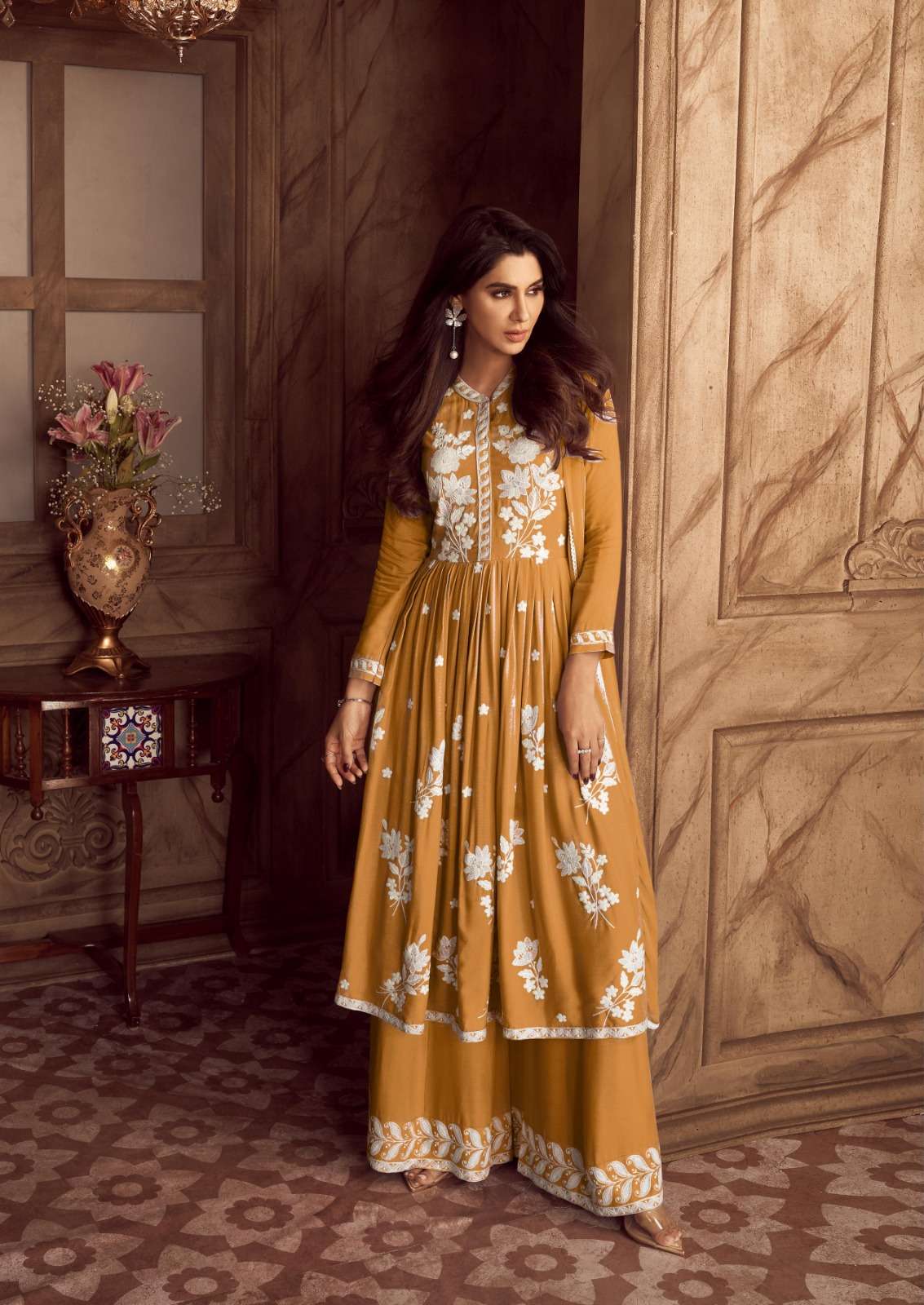 INDIAN DESIGNER FANCY PARTY WEAR REYON READY TO WEAR YELLOW SHARARA PALLAZO SALWAR SUIT DST VAMIKA 1024 O