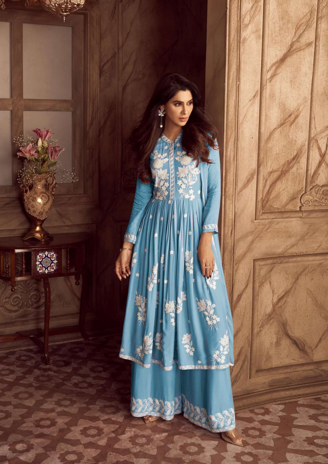 INDIAN DESIGNER FANCY PARTY WEAR REYON READY TO WEAR SKY BLUE SHARARA PALLAZO SALWAR SUIT DST VAMIKA 1024 P