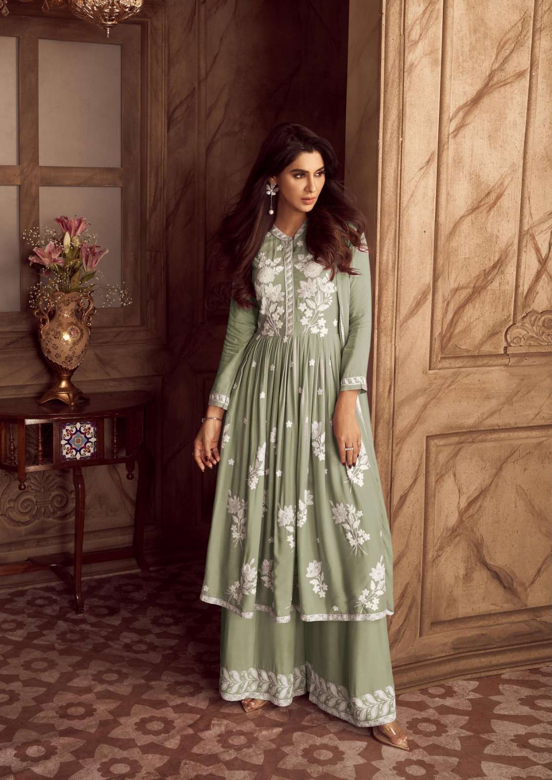 INDIAN DESIGNER FANCY PARTY WEAR REYON READY TO WEAR GREEN SHARARA PALLAZO SALWAR SUIT DST VAMIKA 1024 Q