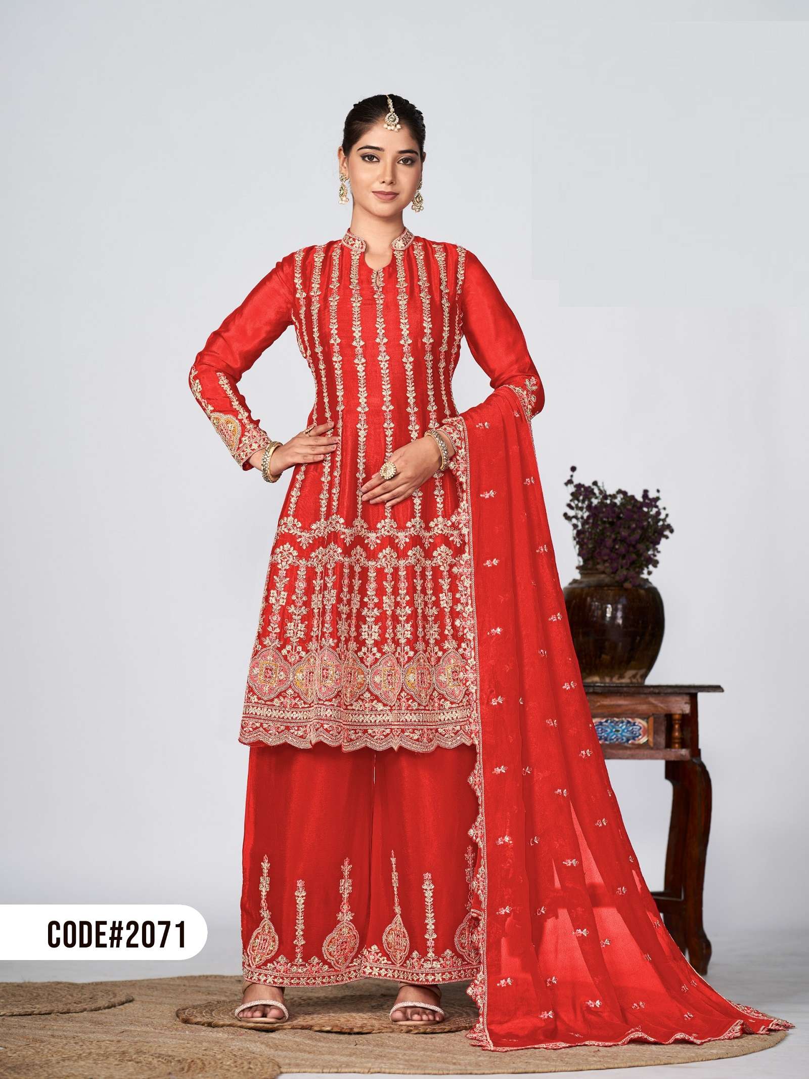 INDIAN DESIGNER FANCY WEDDING PARTY READY TO WEAR CHINON RED SHARARA PALLAZO SALWAR SUIT DST RADHA SAVAN 2071