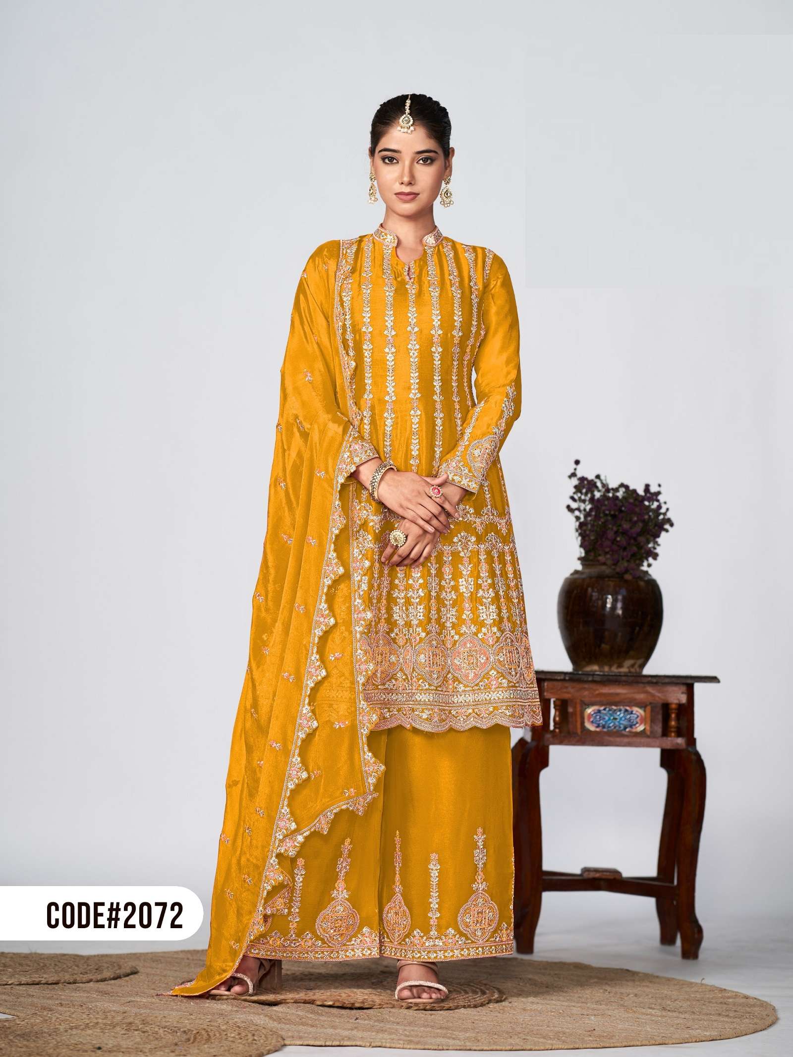 INDIAN DESIGNER FANCY WEDDING PARTY READY TO WEAR CHINON YELLOW SHARARA PALLAZO SALWAR SUIT DST RADHA SAVAN 2072