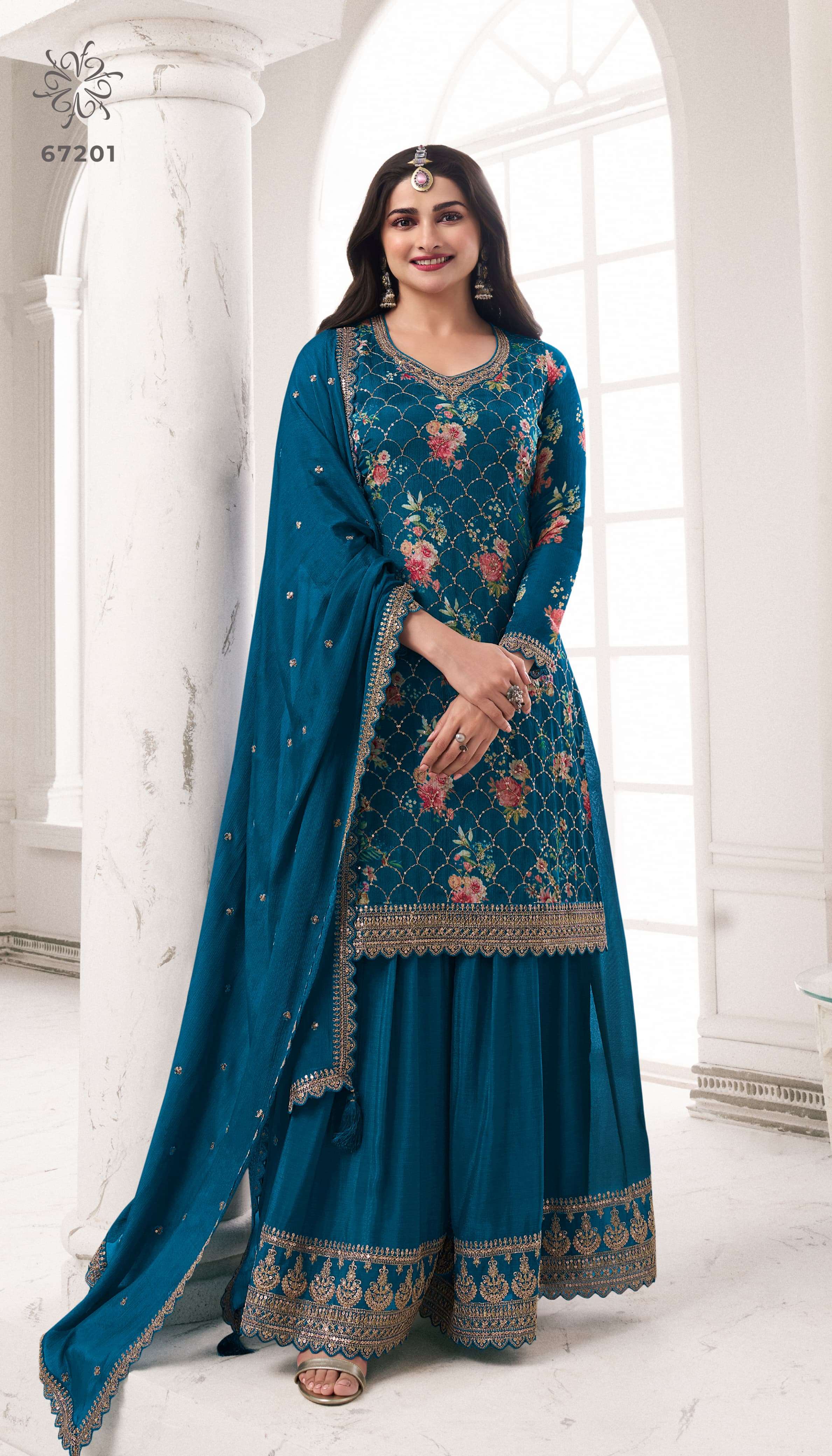 INDIAN DESIGNER FANCY WEDDING PARTY WEAR CHINON BLUE SHARARA PALLAZO SALWAR SUIT RH SNEH 67201