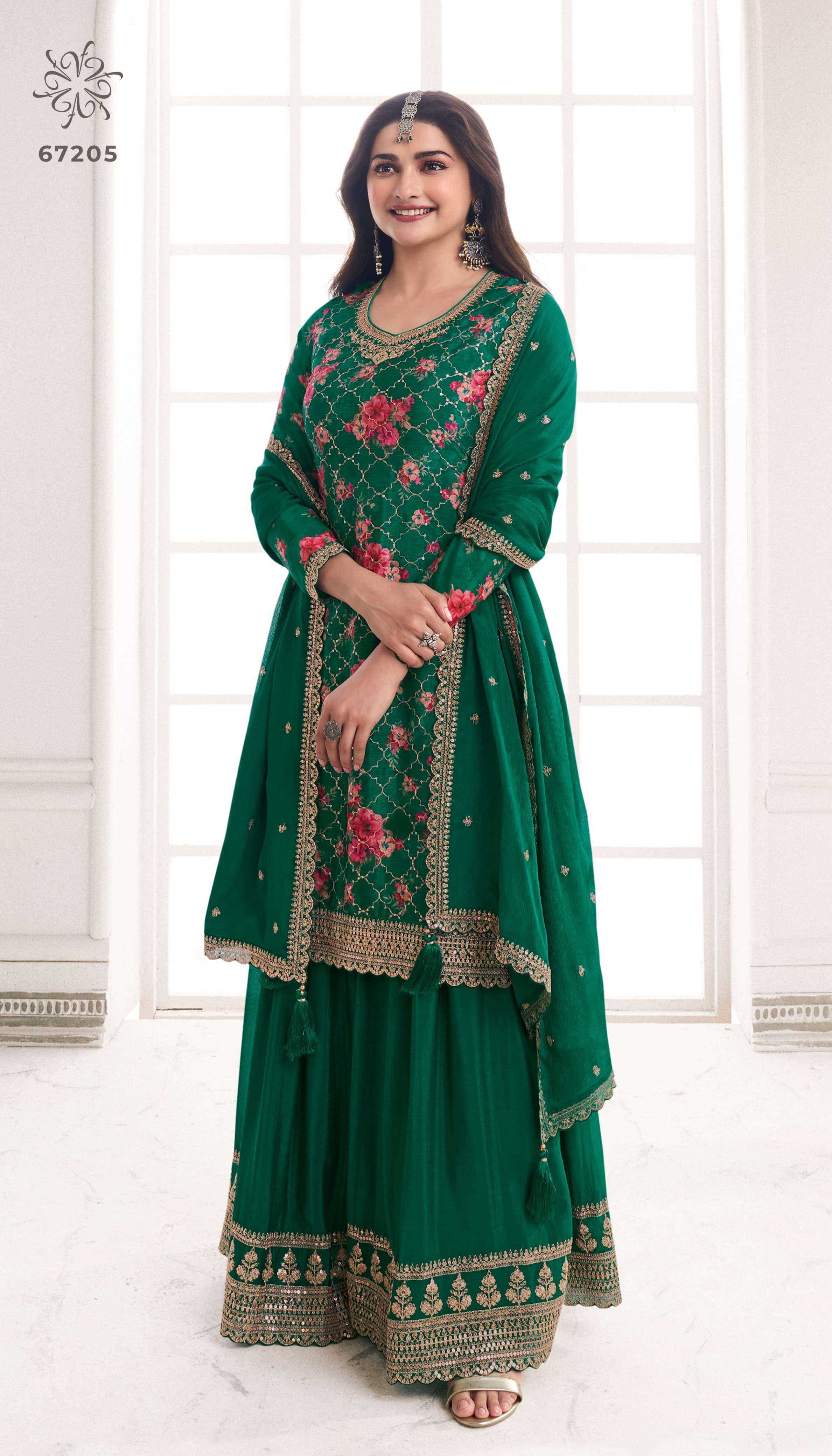 INDIAN DESIGNER FANCY WEDDING PARTY WEAR CHINON GREEN SHARARA PALLAZO SALWAR SUIT RH SNEH 67205