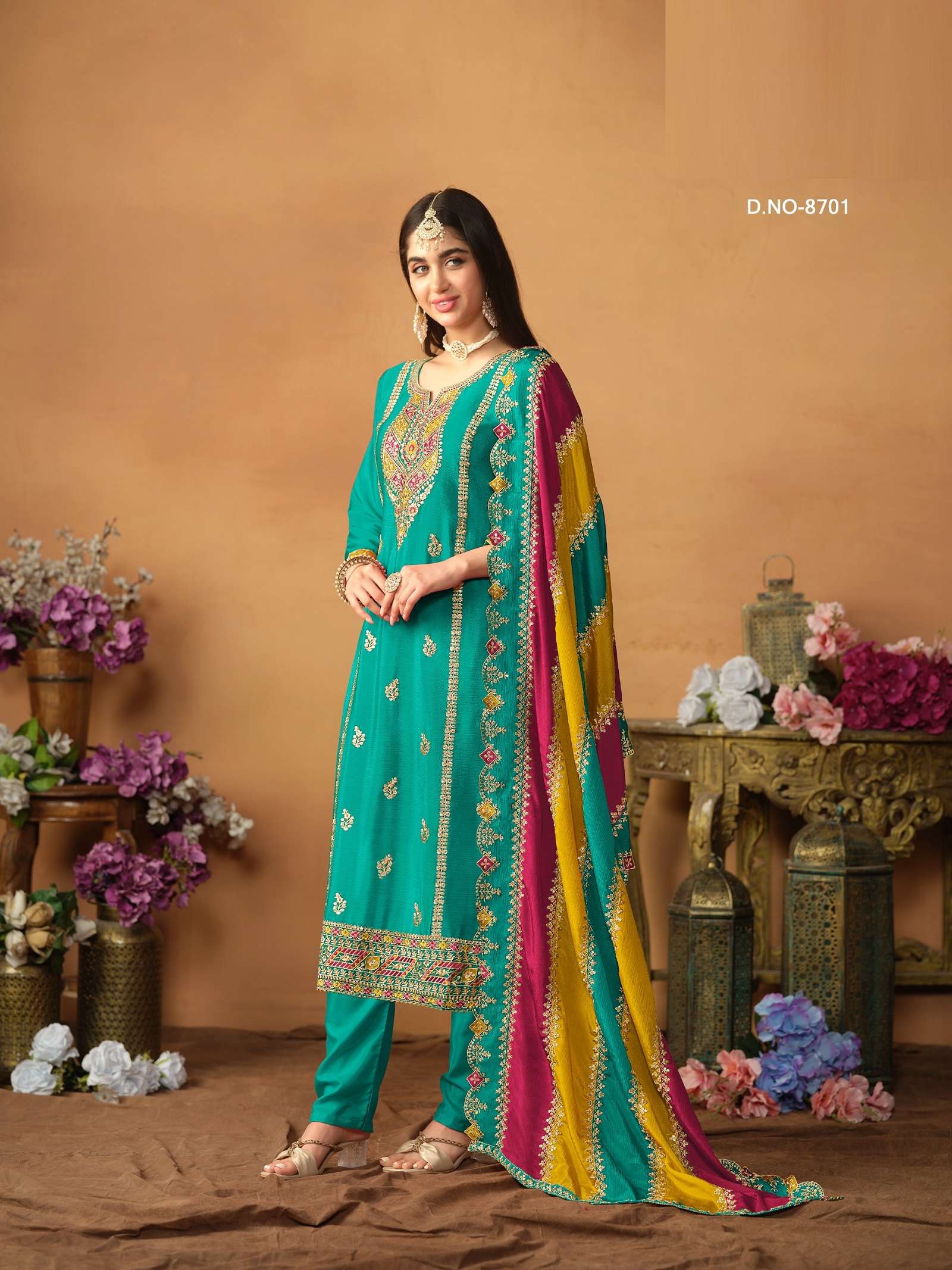 INDIAN DESIGNER FANCY WEDDING PARTY WEAR CHINON SILK BLUE GREEN SHARARA PALLAZO SALWAR SUIT ANY 8701