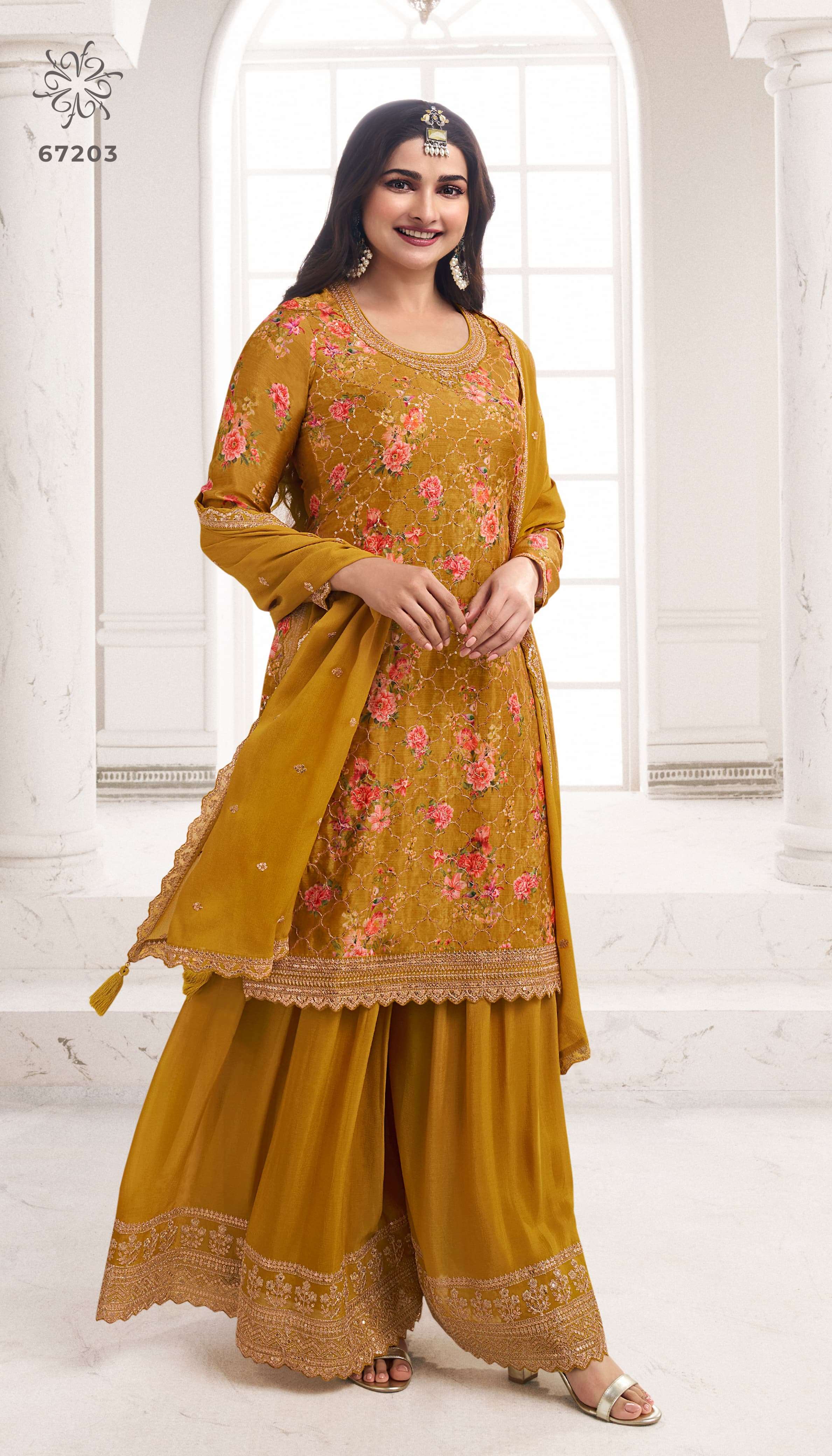 INDIAN DESIGNER FANCY WEDDING PARTY WEAR CHINON YELLOW SHARARA PALLAZO SALWAR SUIT RH SNEH 67203