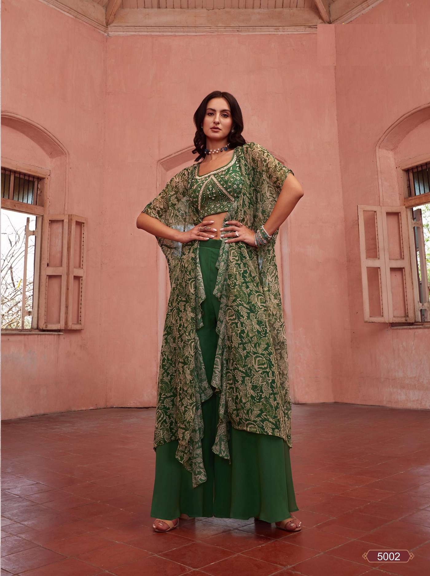 INDIAN DESIGNER FANCY WEDDING PARTY WEAR GAORGETTE READY TO WEAR GREEN SHARARA PALLAZO SALWAR SUIT ALZ 5002